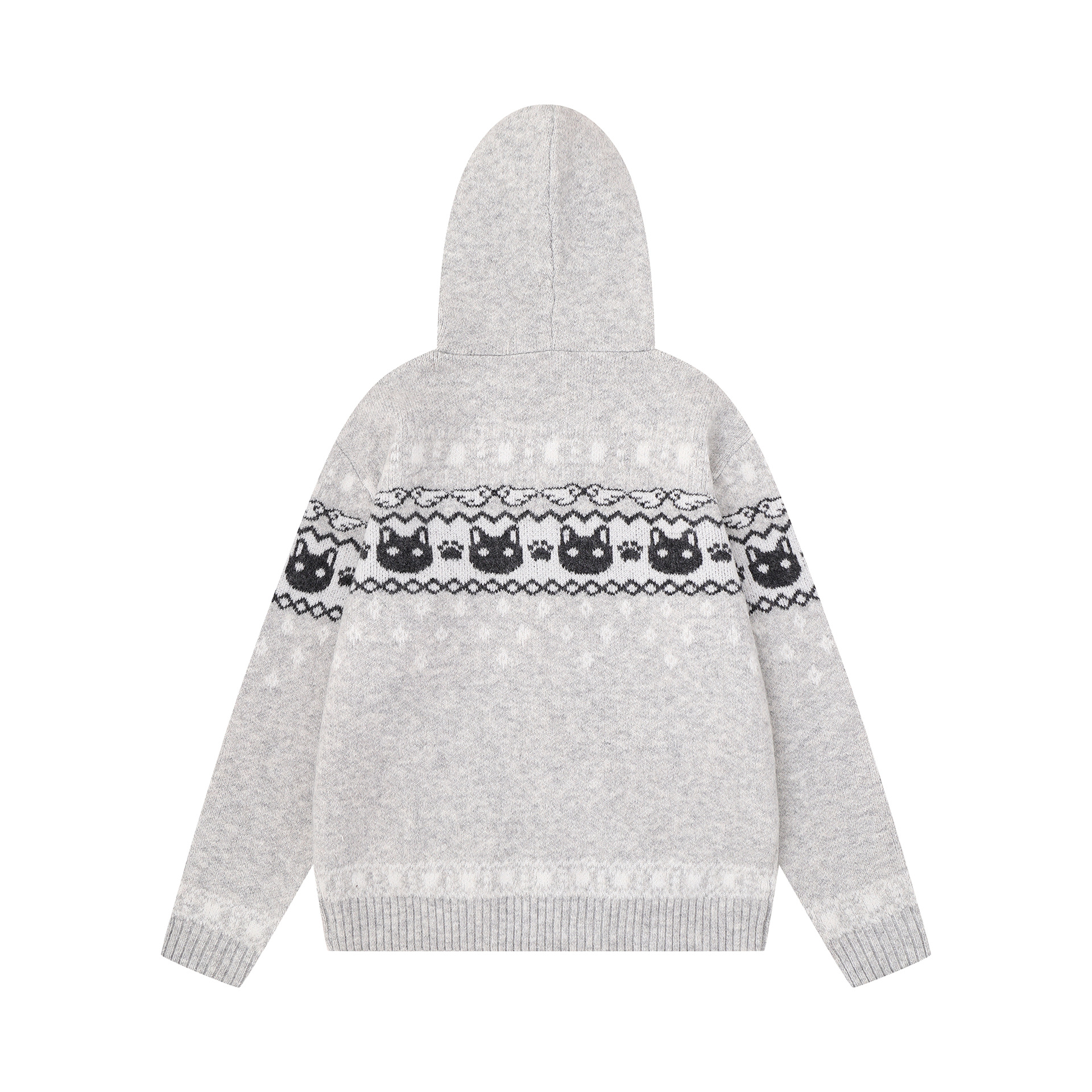 Vintage Cat Jacquard Knit Zipper Hooded Loose Cardigan Sweater Jacket — image 3