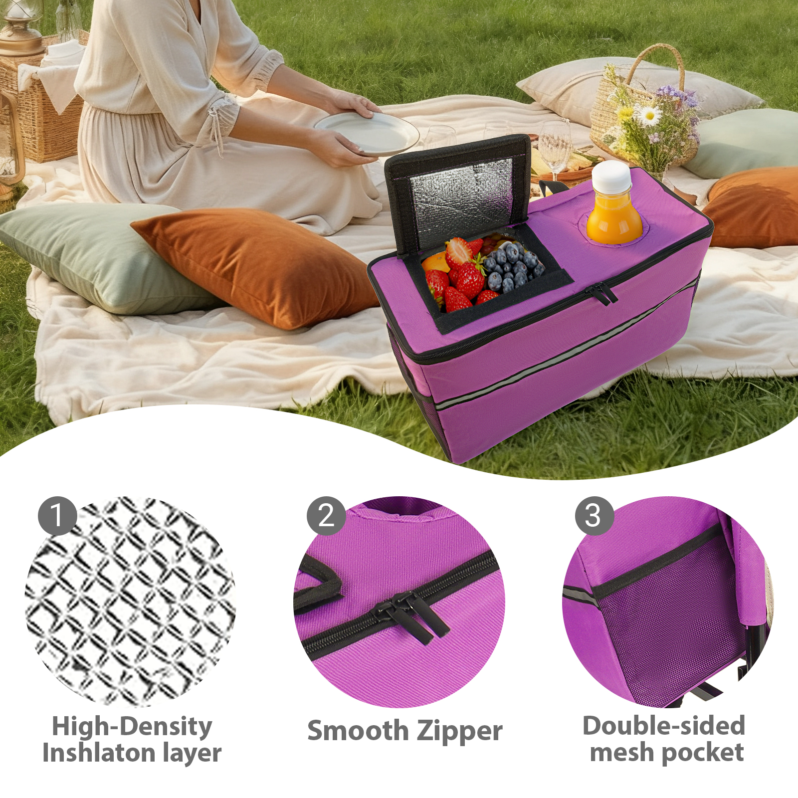 Carro Plegable Resistente 3 en 1 con Asiento tipo Banca y Almacenamiento, Protección de Patente - Incluye 1 Bolsa de Hielo, Capacidad de 500lbs / 180L, Ruedas Todo Terreno para Camping, Playa, Deportes, Jardín y Pesca, Morado — imagen 3