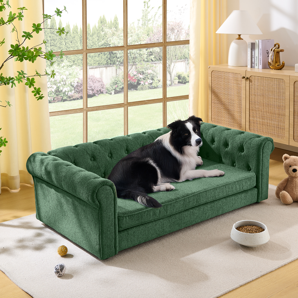 Sofá para Perros Grande y Oversized Rectangular: Camilla Durable Elevada con Muestras de Lino Moderno - OLIVE GREEN — imagen 1