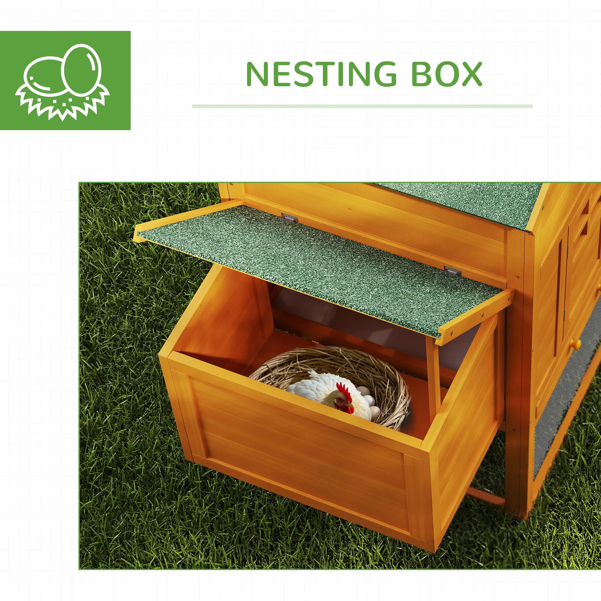 117" Extra Large Chicken Coop with Asphalt Roof, Wooden Hen House with Slide-out Tray, Quail Hutch with Nesting Box, Orange — image 6