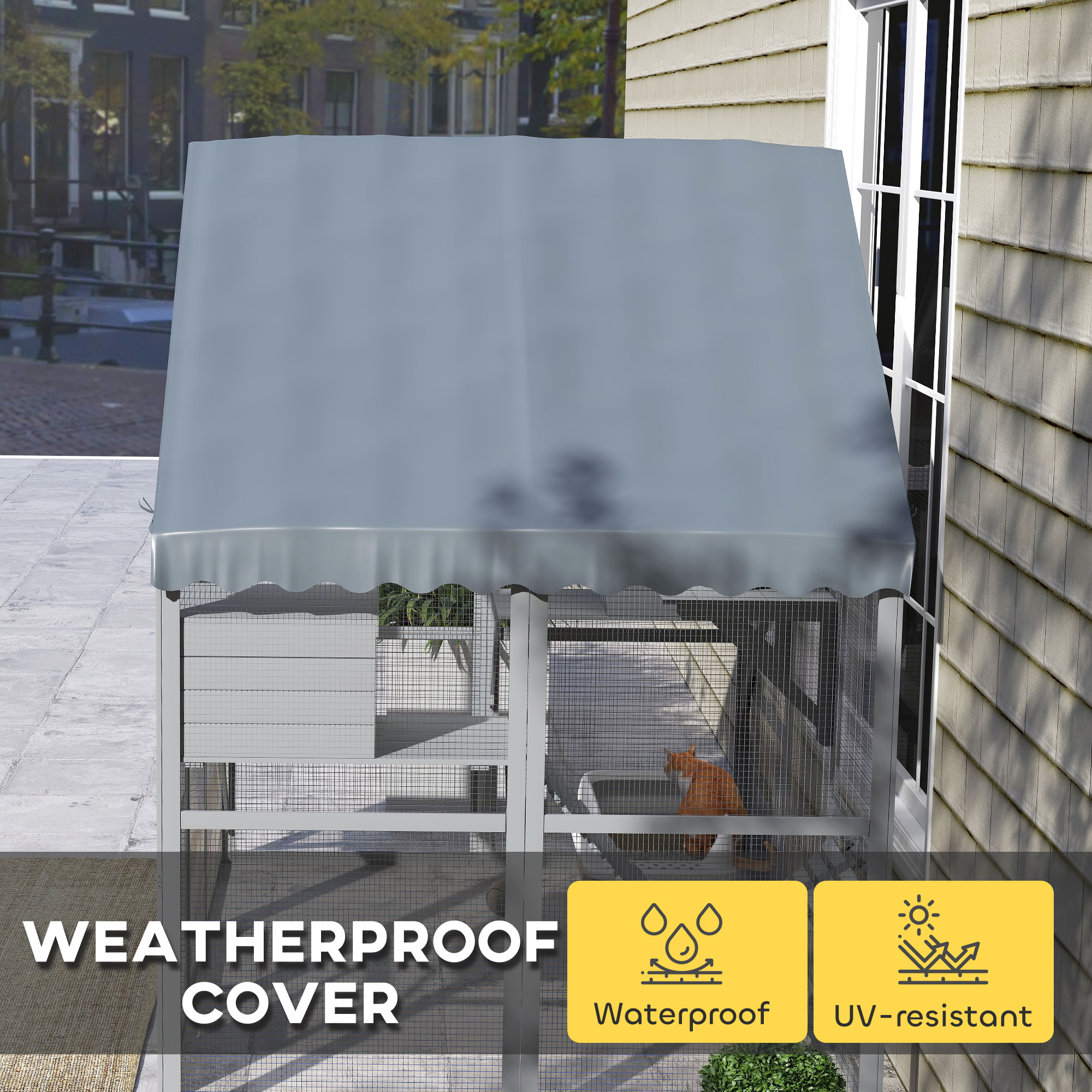 Wooden Catio Outdoor Cat Enclosure with Waterproof Cover, 2 Condos, 4 Platforms, Bridge, Doors, Gray — image 6