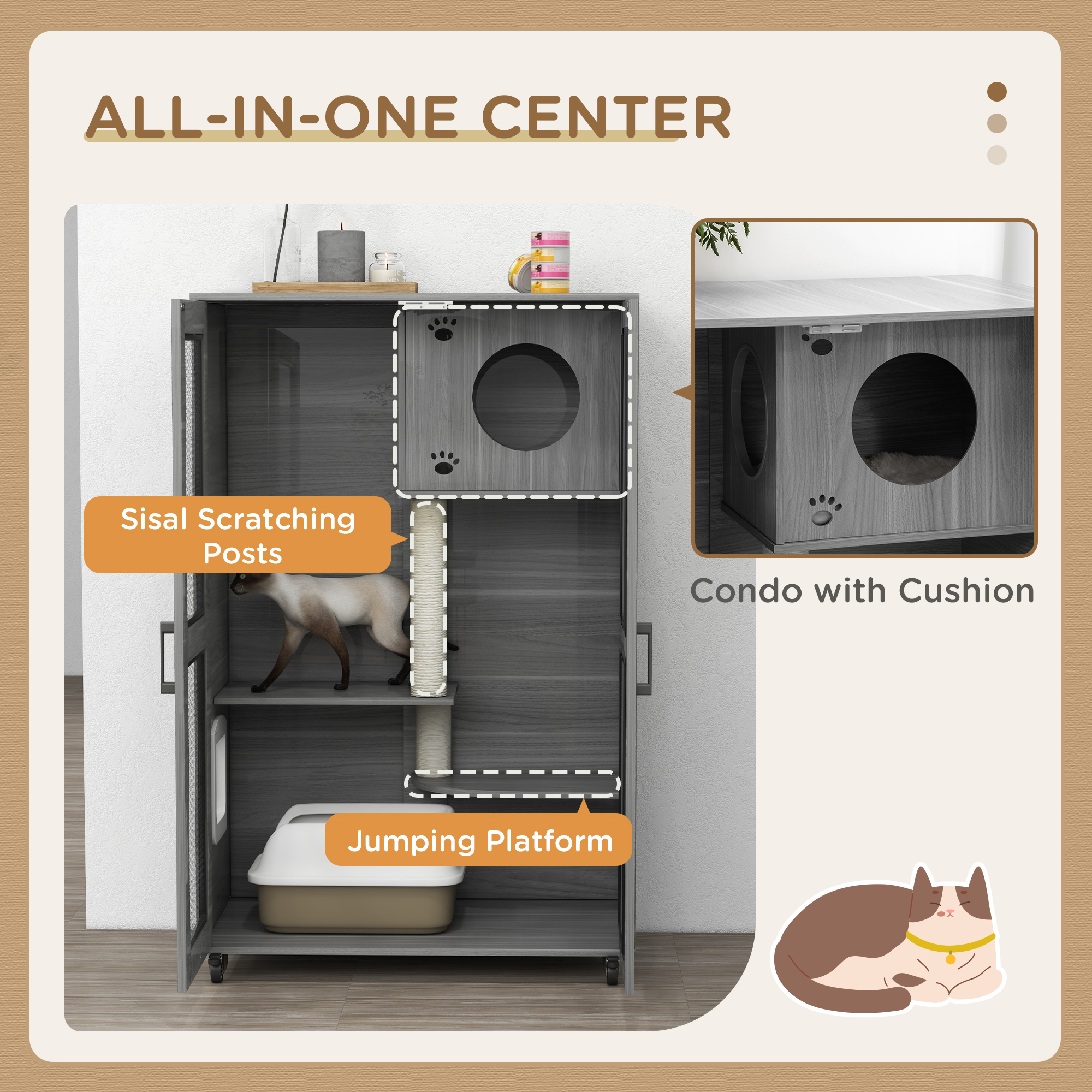 Cat Tree House with Scratching Post and Wheels, Gray — image 4