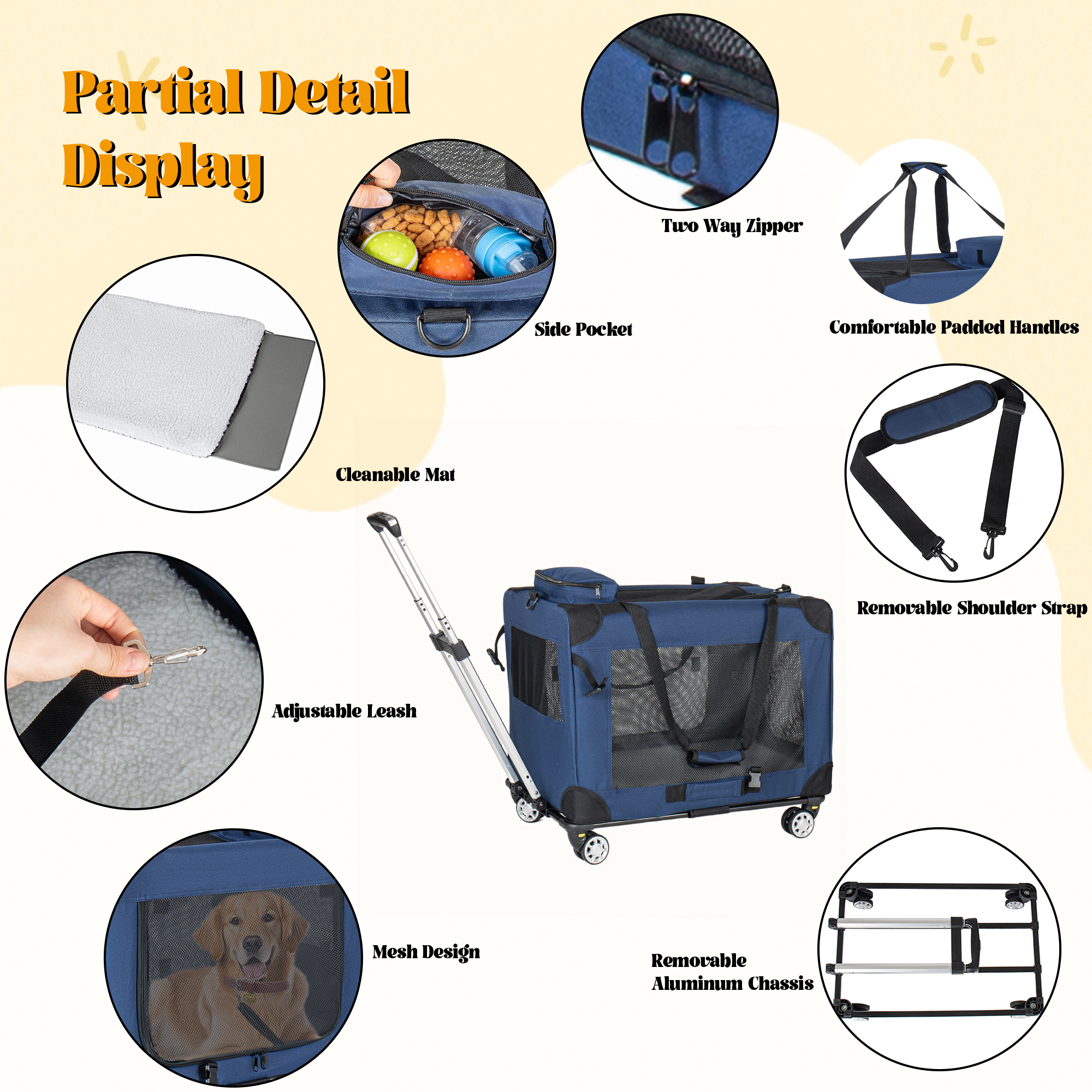 2 en 1, Jaula de Viaje Plegable de 28 Pulgadas para Perros Medianos y Grandes, Transportadora Rodante con Ruedas, Casa Portátil Plegable de 3 Puertas con Ventanas de Malla, Uso en Interior y Exterior, Azul Oscuro — imagen 3