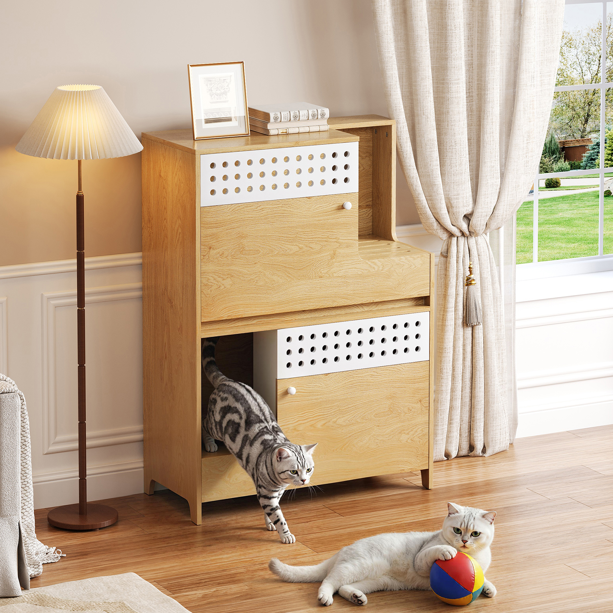 Mueble 2 EN 1 para Gatos Moderno, Encierro de Caja de Arena y Mesa Lateral con Almacenamiento, para 2 Gatos Pequeños-Medios - NATURAL — imagen 1