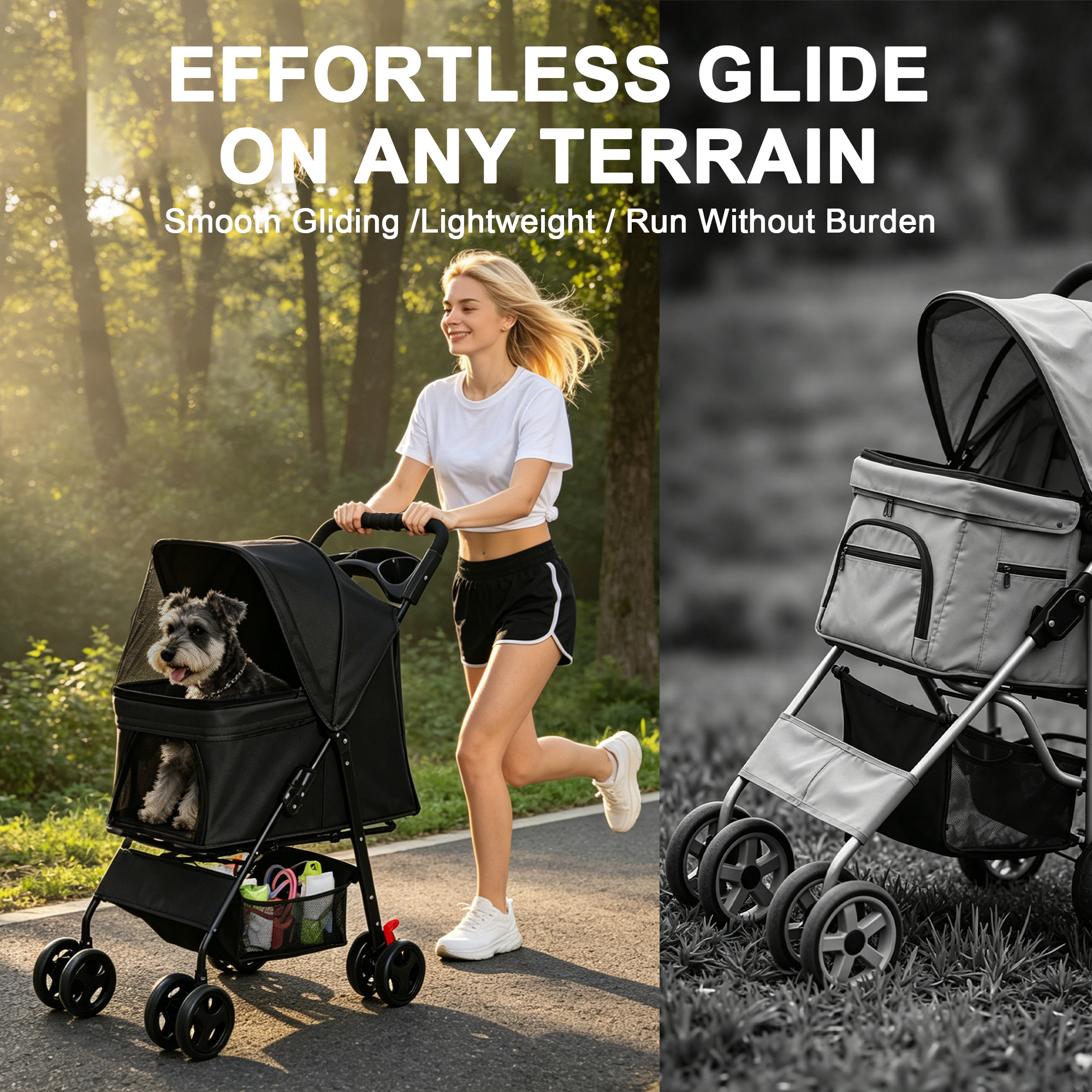 Carril de Mascotas Plegable para Perros y Gatos Pequeños Menos de 28 libras con Mesa Multifuncional, 2 Correas de Seguridad, Cesta de Almacenamiento & Malla Respirable, 4 Ruedas, Negro — imagen 5