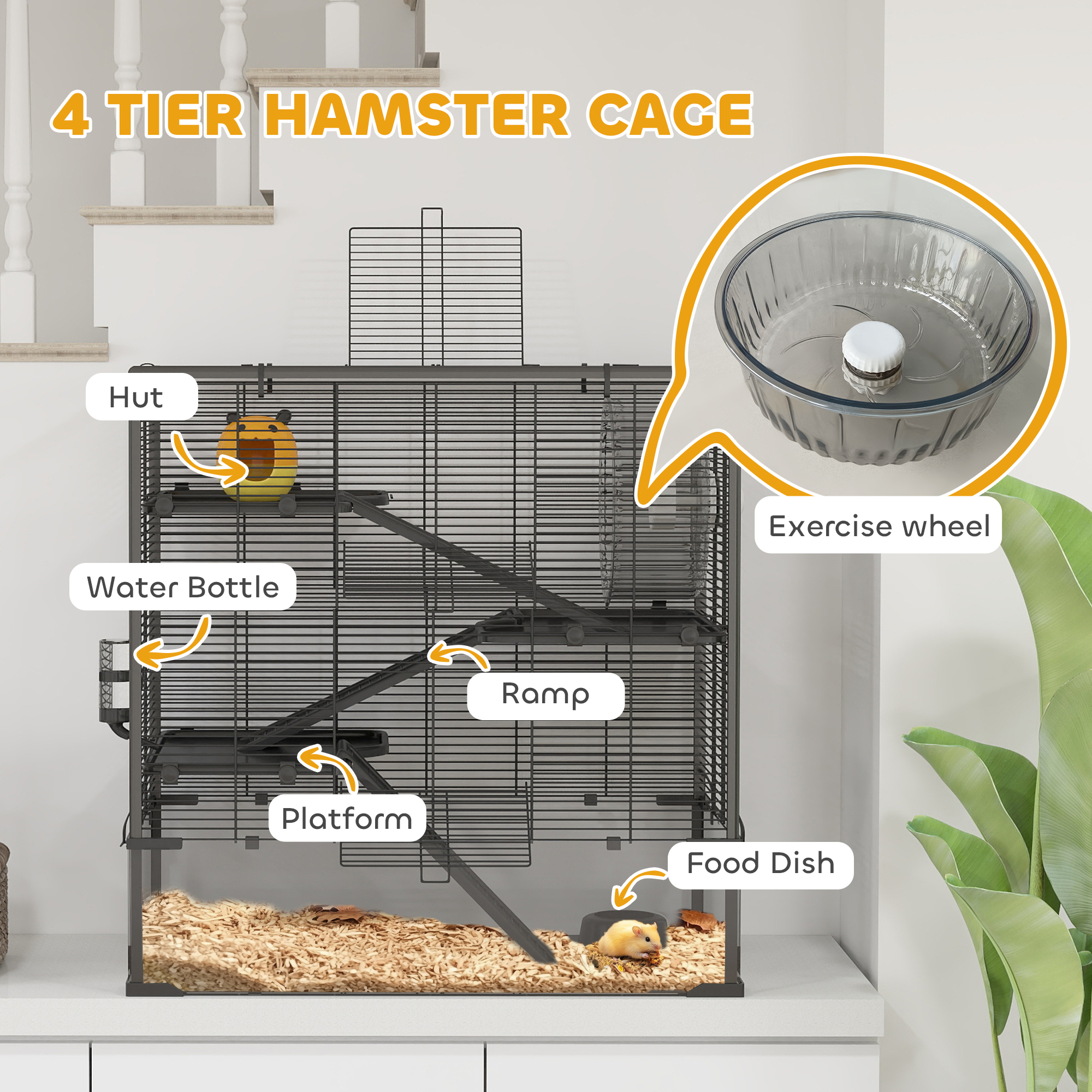 4 Tier Hamster Cage with Deep Tempered Glass Bottom, Running Wheel, Hut, Water Bottle, Food Dish, 31" x 19" x 31.5" — imagen 6