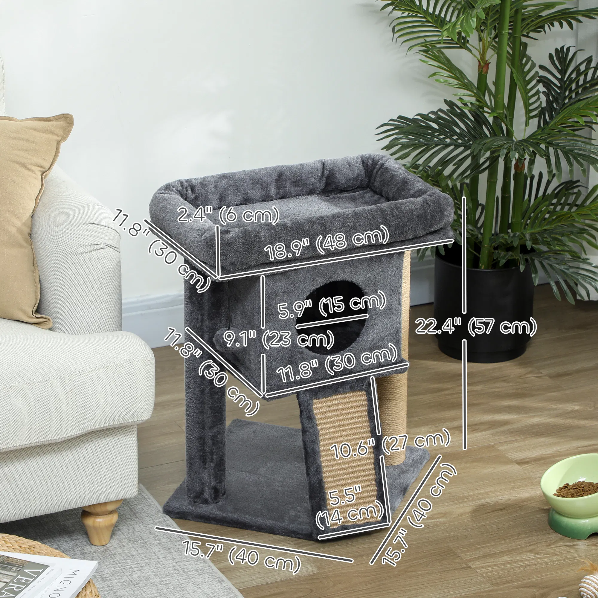 Cat Tree, Small Cat Tower with Perch, Scratching Post, Cat Condo, Toy Ball for Kitty, Indoor Use, Dark Grey — image 2