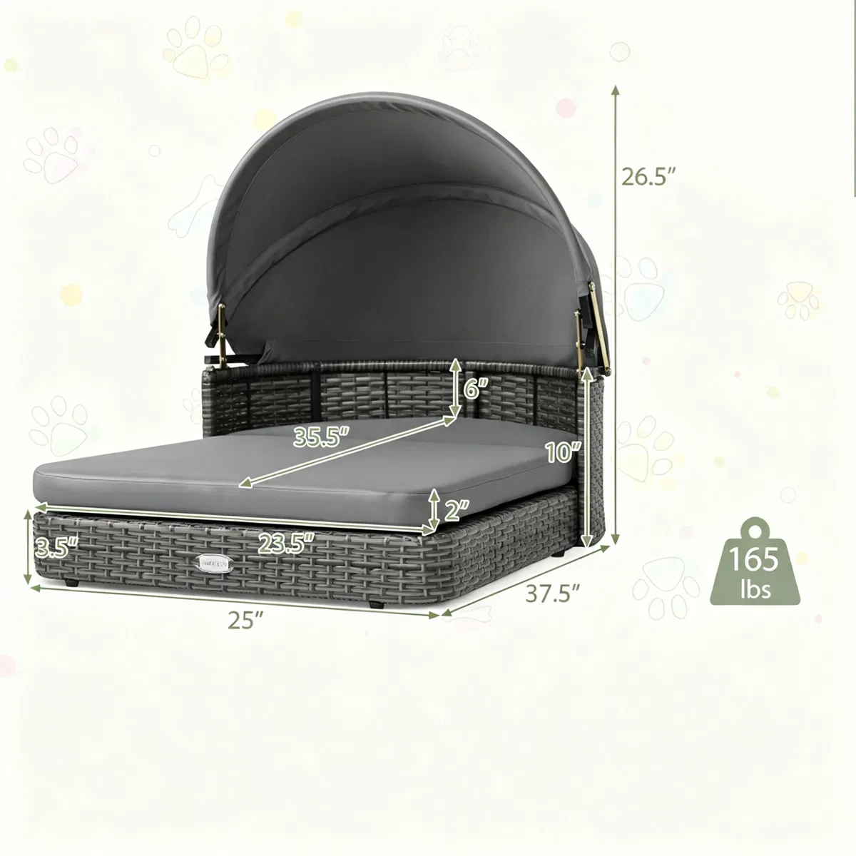 Gray Hand-Woven PE Rattan Dog Bed with Adjustable Canopy, Elevated Outdoor Pet Daybed with Washable Plush Cushion, Anti-Slip Breathable Pet Shelter for Indoor Patio Garden — image 9
