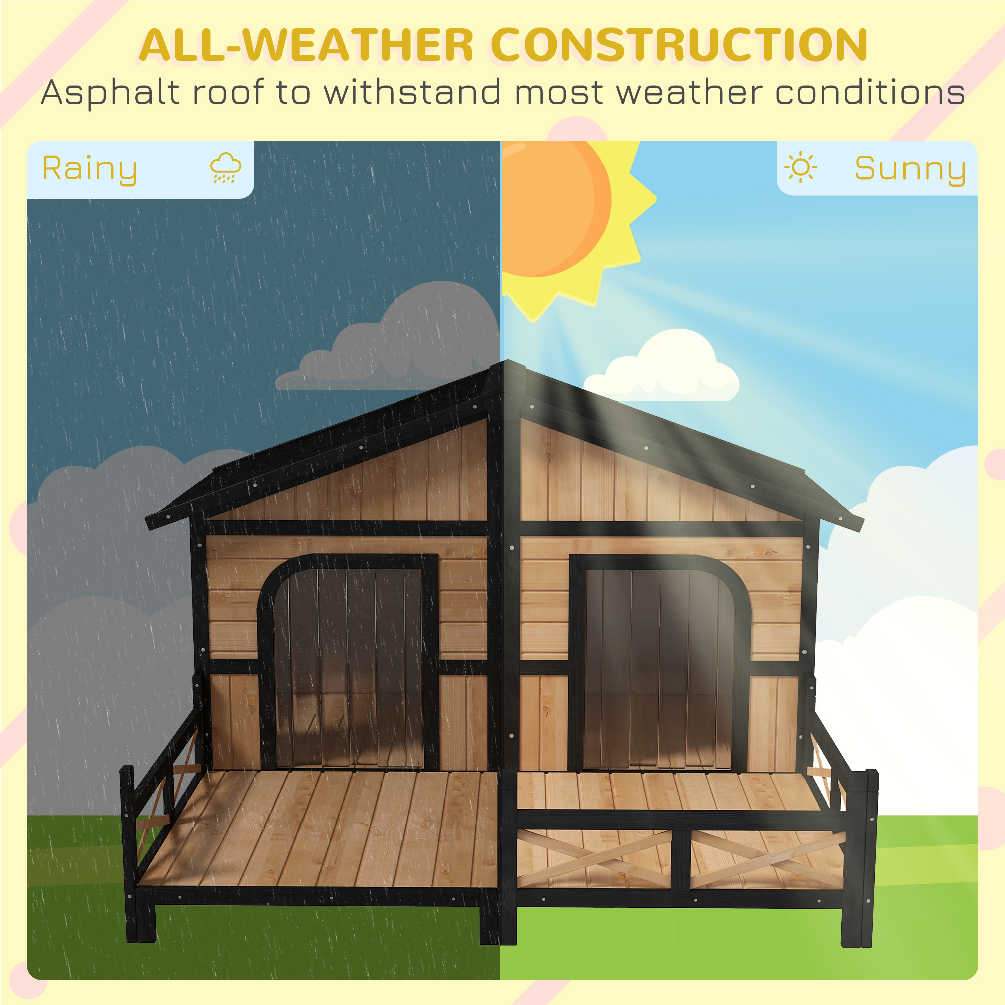Casa para Perro Grande de Madera 59x64x39, Elevada y Resistente a la Intemperie, Estilo Cabaña Rústica, Refugio para Mascotas Elevado con Terraza, Natural — imagen 6