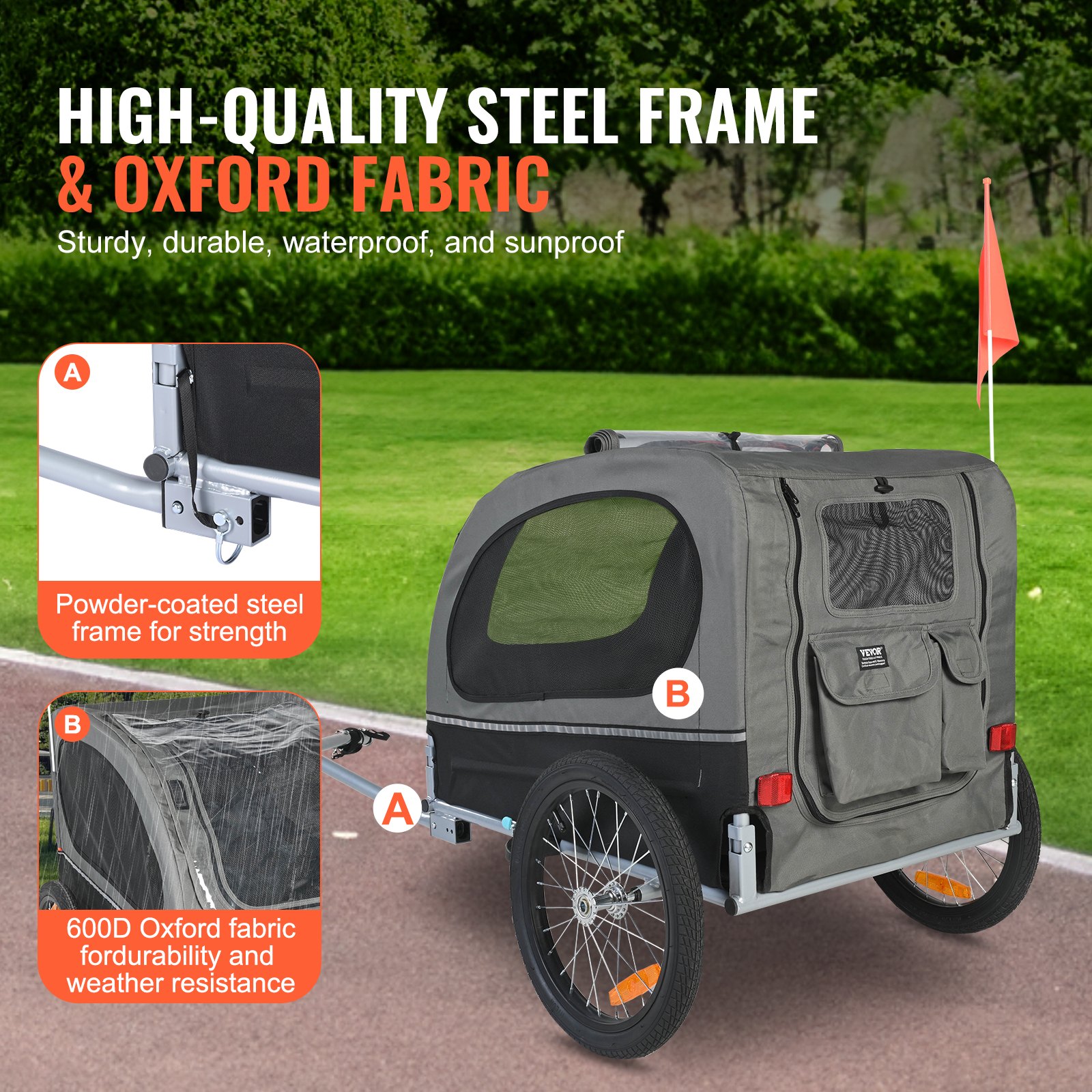 Dog Bike Trailer, Supports Up To 88 Lbs, Pet Cart Bicycle Carrier, Easy Folding Frame With Quick Release Wheels, Universal Bicycle Coupler, Reflectors, Flag, Collapsible To Store, BlackGray — image 5