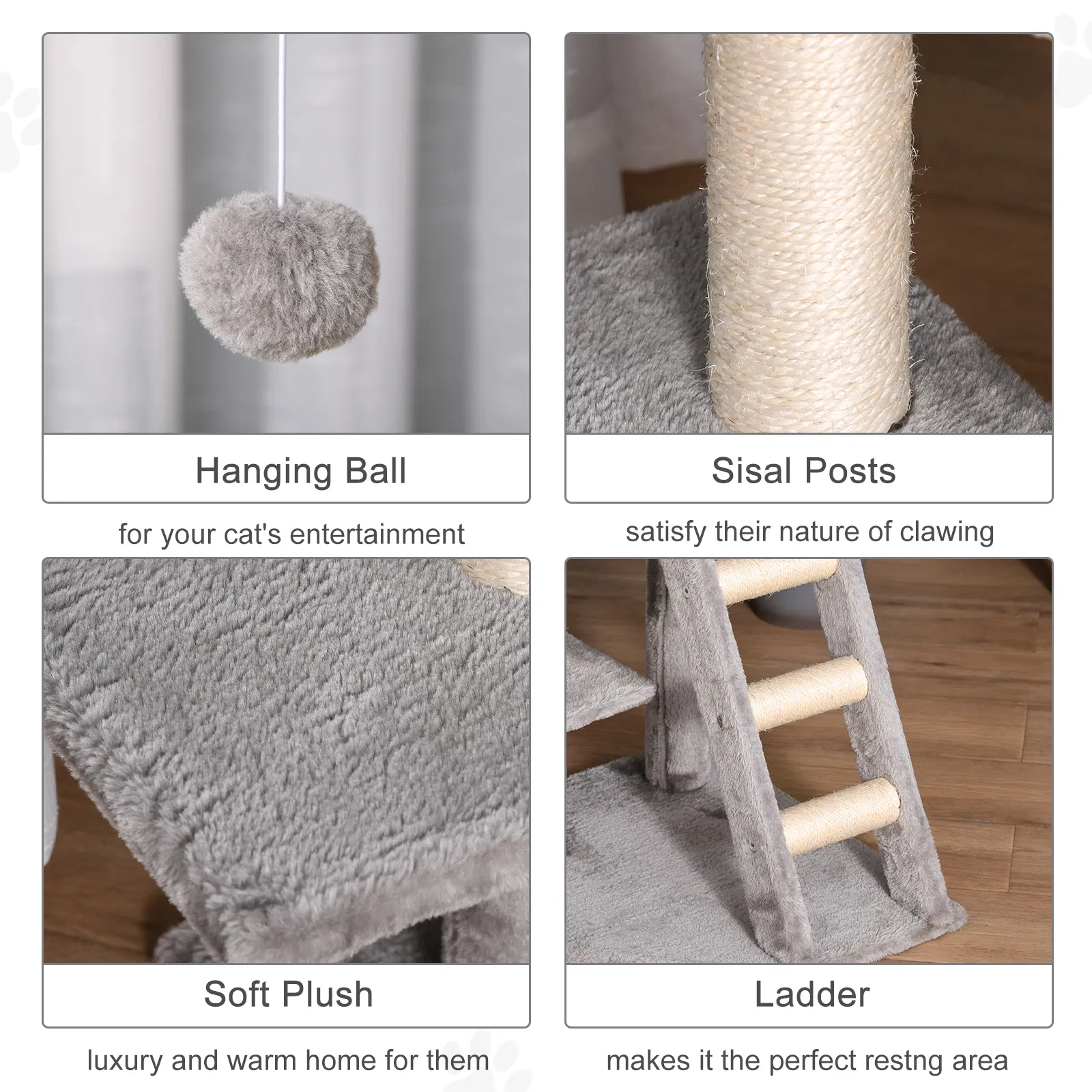47" Tall Cat Tree Tower with Condo, Ladder, Scratching Posts and Hanging Ball, Light Grey — image 3