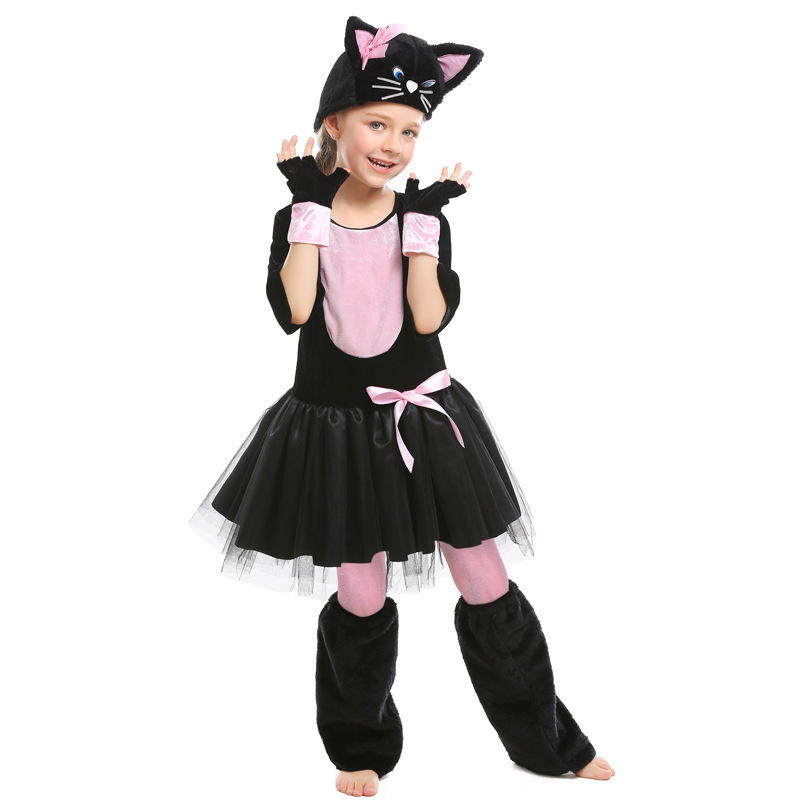 Halloween Animal Costume Cosplay Black and Pink Cat Bow Kids Performance Outfit — image 4