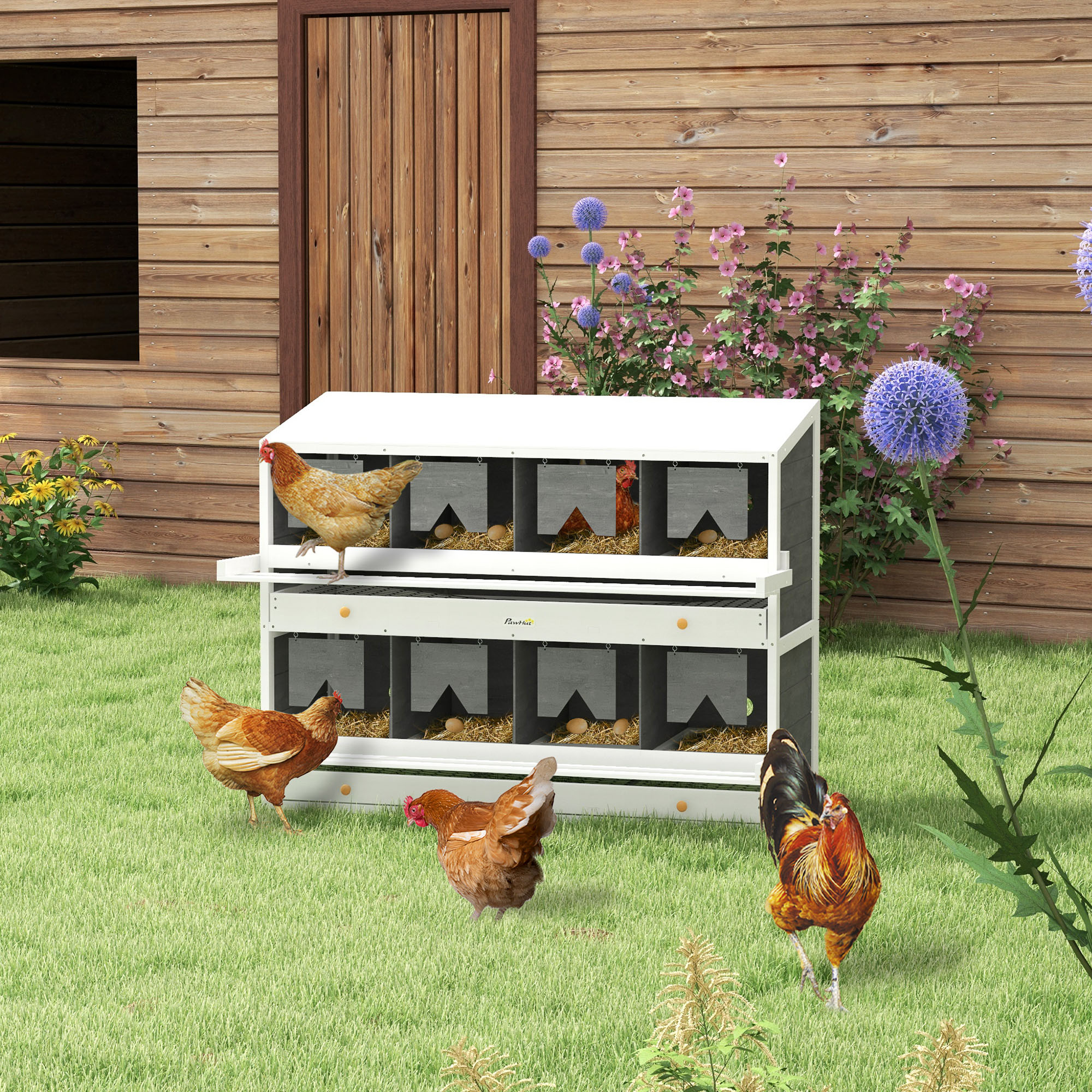 Caja de Puesta para Pollos, 8 Compartimentos de Madera para Gallinero con Platos de Recolección de Huevos y Perchas para 16-32 Gallinas — imagen 5