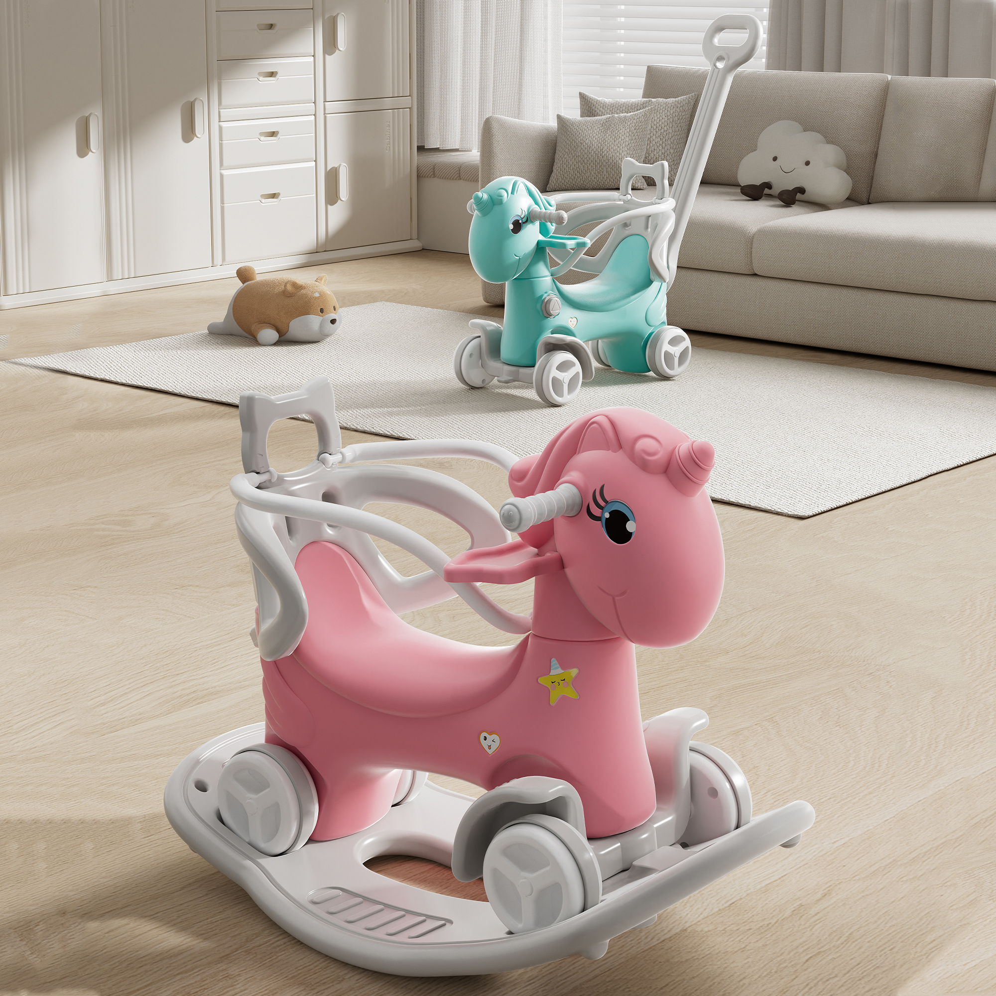 Rocking Horse For Toddlers, Balance Bike Ride On Toys With Push Handle, Backrest And Balance Board For Baby Girl And Boy, Unicorn Kids Pink Color Old SKU W509125829 — imagen 4