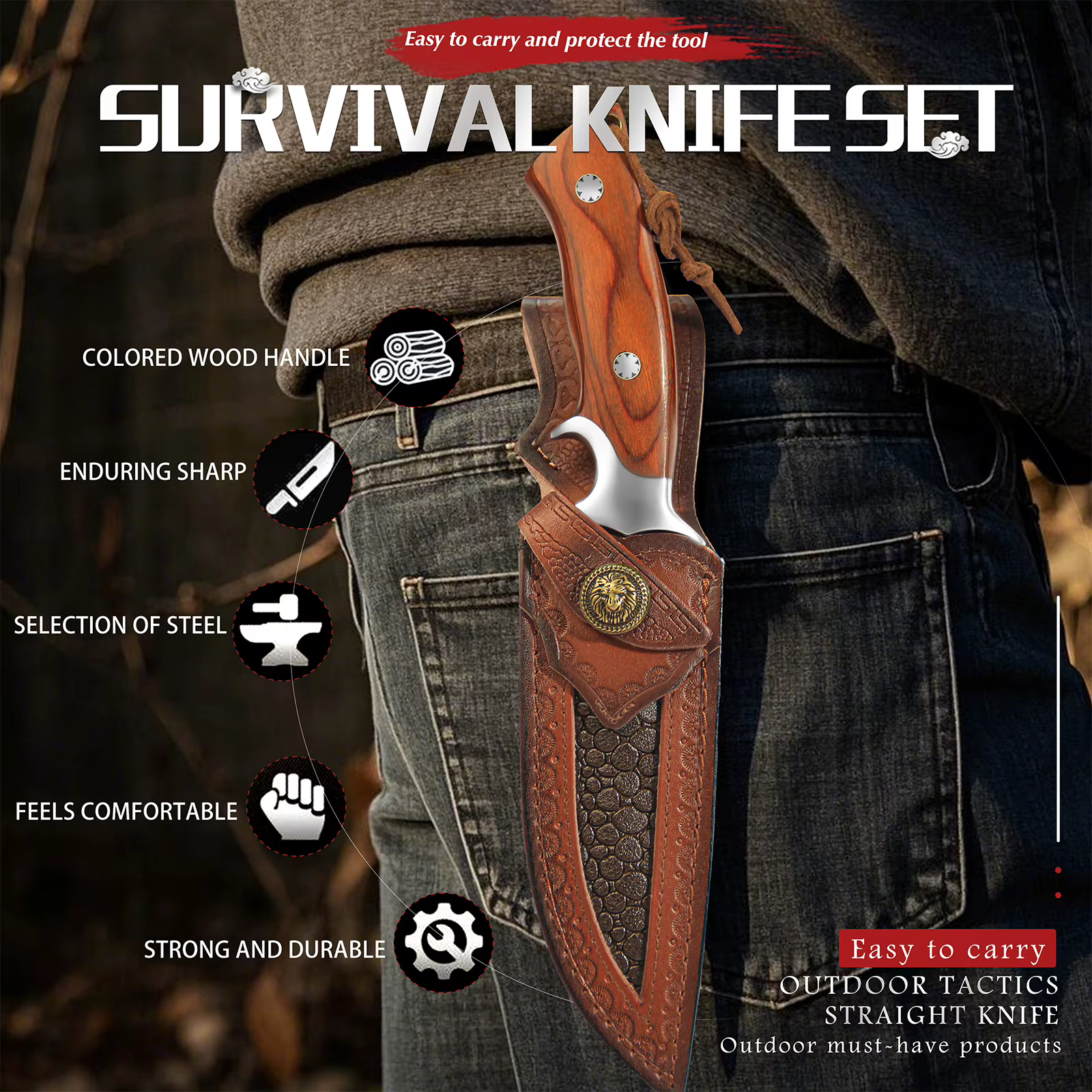M390 Fixed Blade Hunting Knife with Wood Handle Leather Sheath Outdoor Camping Bowie Knife Gift for Men — image 6