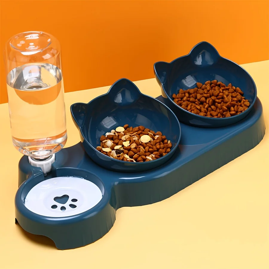 Tazón de Mascotas 3 en 1 con Bottella de Agua Gravitacional, Diseño de Oreja para Protección del Cuello - Combinación de Alimento y Agua para Gatos con Taza Inclinada — imagen 1