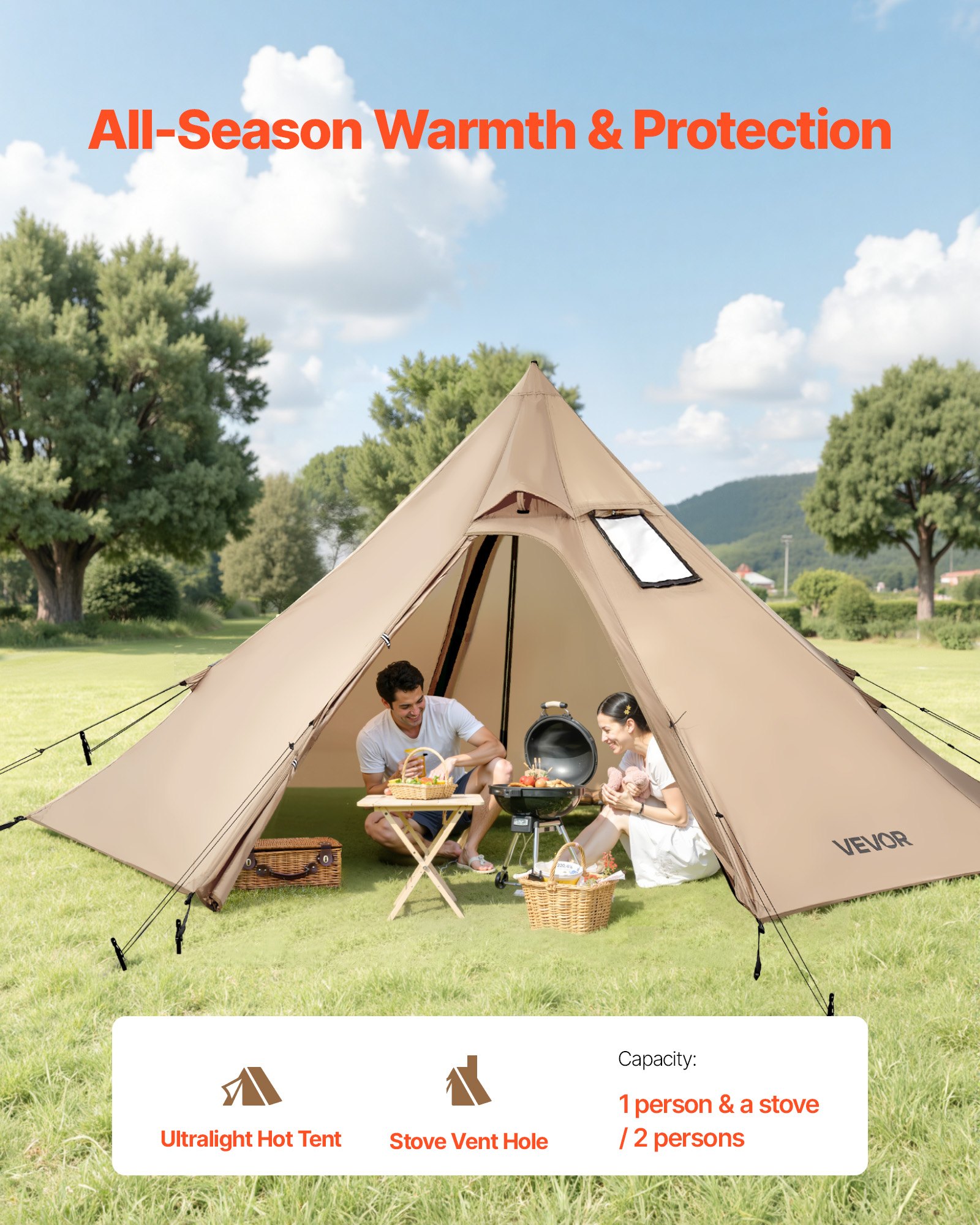 Tenda Caliente para 2 Personas: Tipi Portátil con Asa de Estufa para Invierno, Tendas Acogedoras Impermeables Ligeros para Caminata Pesca Aventura — imagen 5