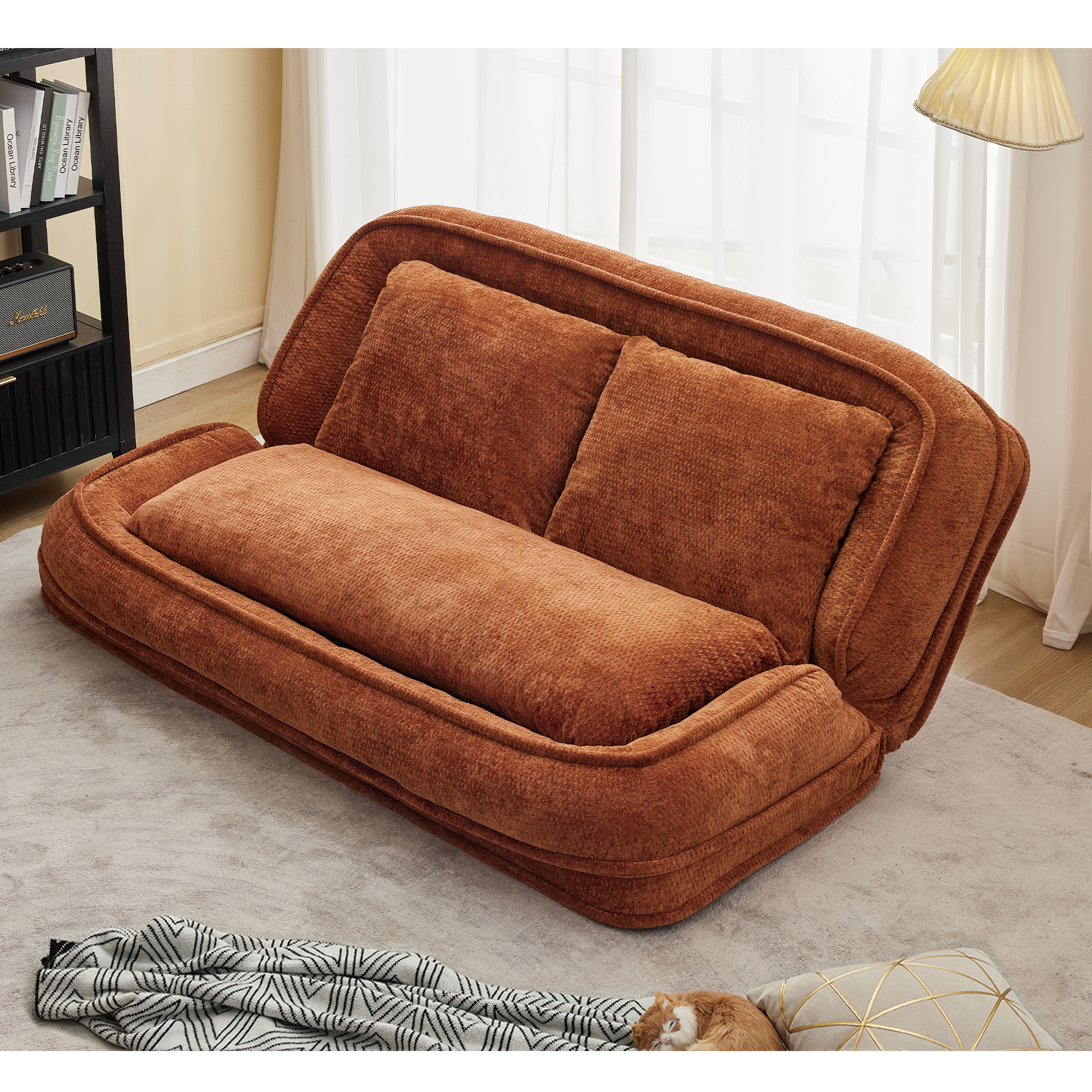 Silla de descanso doble para perros, Sofá relajante, Silla de amor, Adecuada para ti y tus mascotas, Couch de piso extra grande, Puedes sentarte o acostarte, 2 en 1, 5 posiciones ajustables, Almohada rellena, 2 asientos, Chenille naranja — imagen 5
