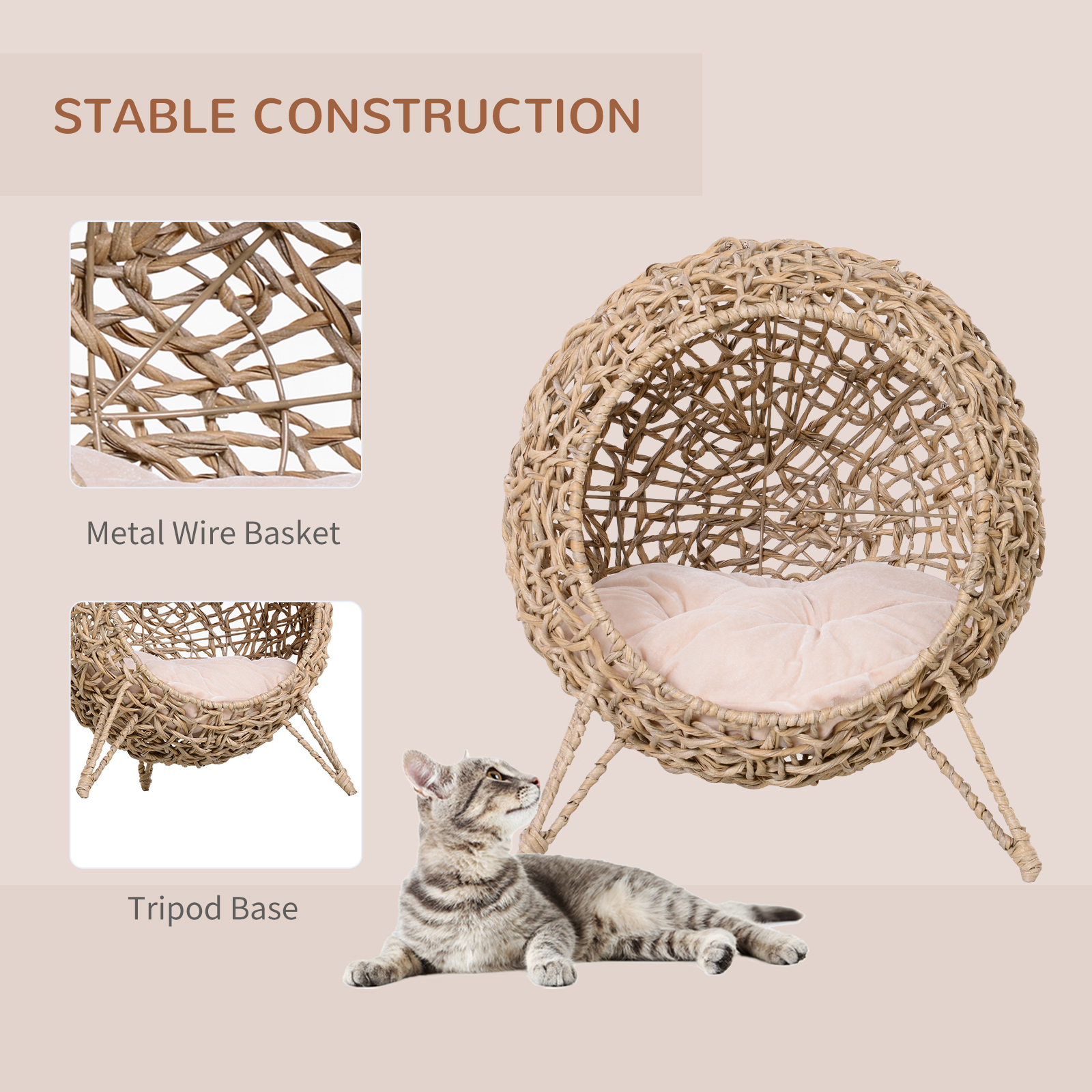 Cama para Gatos Tejida de 20.5", Casa Elevada para Gatitos Tejida a Mano con Hoja de Banano Trenzada, con Cojín, Beige — imagen 7
