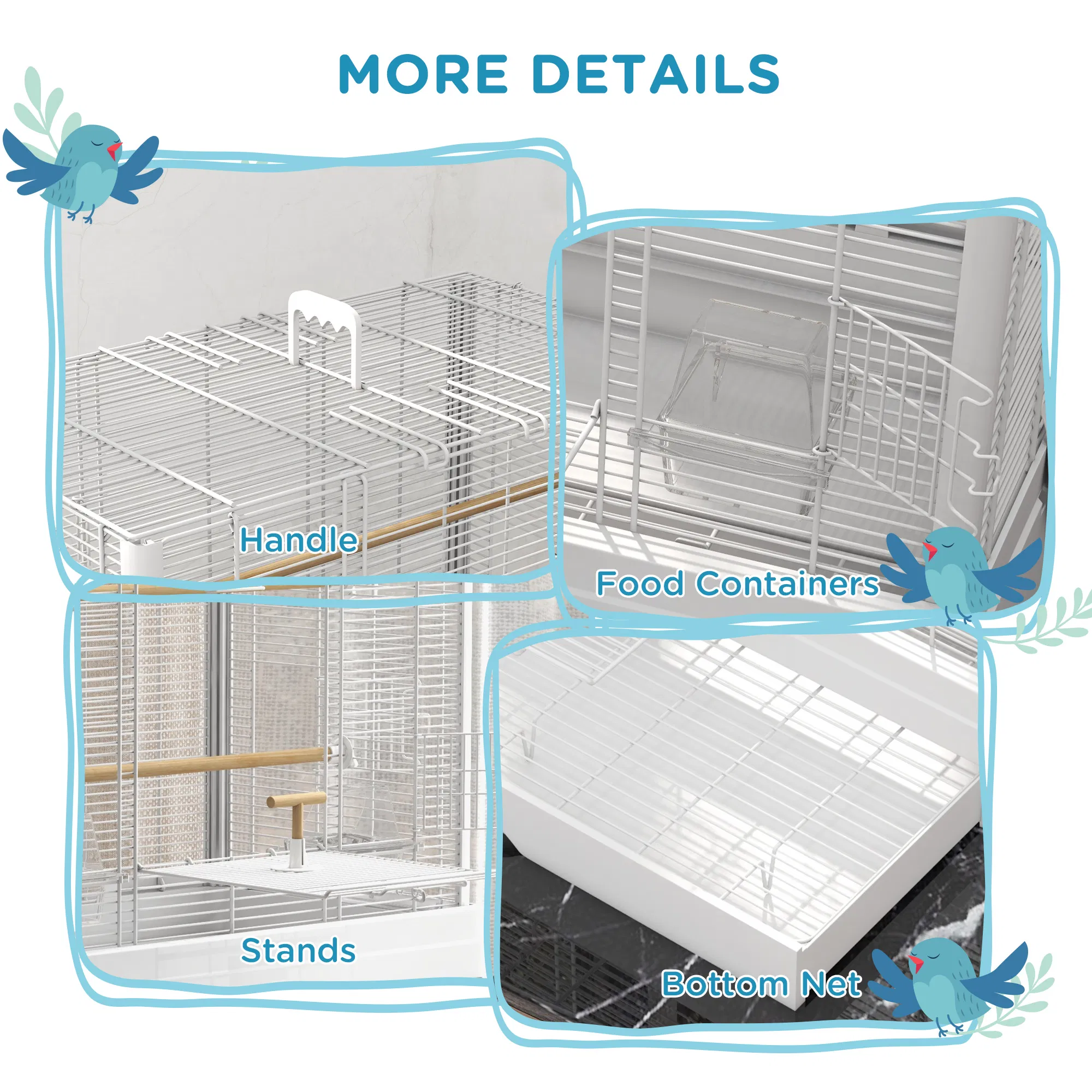22" Bird Cage for Budgie Finches Canaries Love Birds with Wooden Stands, Slide-Out Tray, Handles, Food Containers, White — image 3