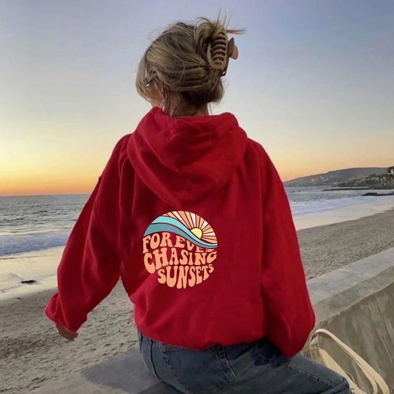 Sunset Print Kangaroo Pocket Drawstring Hooded Women's Fleece Sweatshirt — image 12