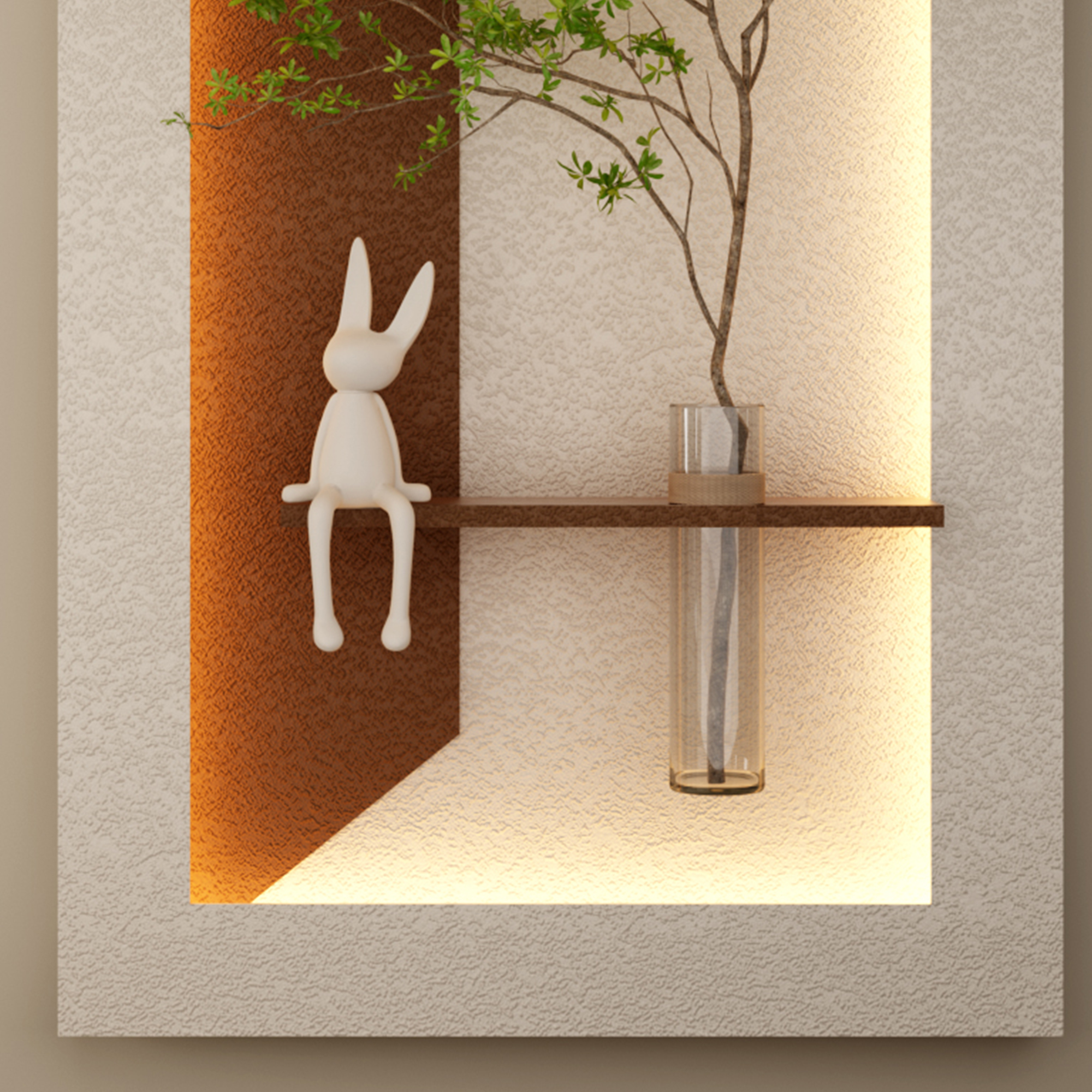 Decoración de Pared de Piedra Arenisca con LED de 3 Colores Ajustables y Plantas Verdes Artificiales - Escultura de Arte 3D, Jarrón de Vidrio y Estatua de Conejo, Tiras de Luz con Control Remoto para Sala, Dormitorio y Pasillo — imagen 5