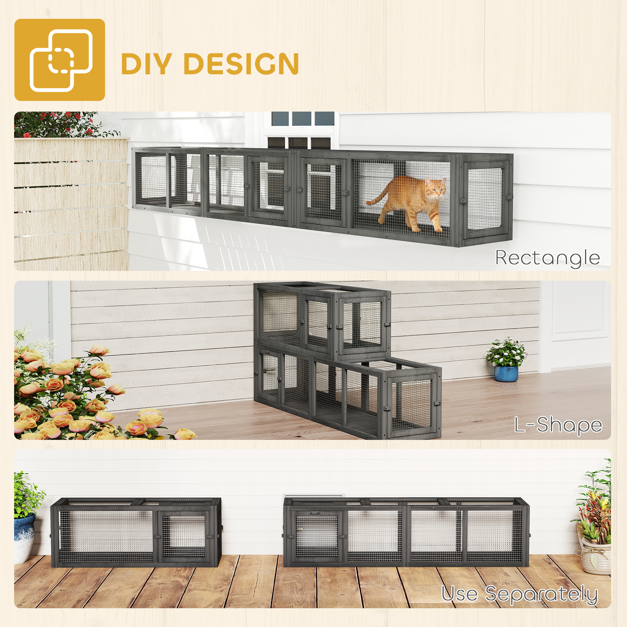 Wooden 98" Cat Tunnel for Outdoor with Combinable Design, 8 Doors, Dark Gray — image 2
