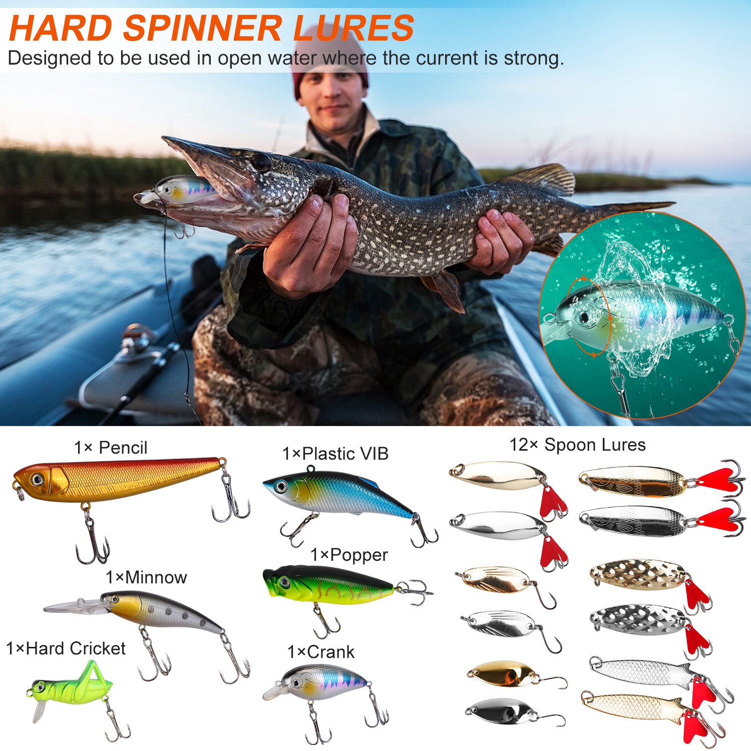 Set de 375 Piezas de Señuelos de Pesca y Caja de Aparejos, Kit de Señuelos para Agua Salada y Dulce, Poppers, Crankbaits, Grillos, Ranas y Señuelos Cuchara Realistas — imagen 4