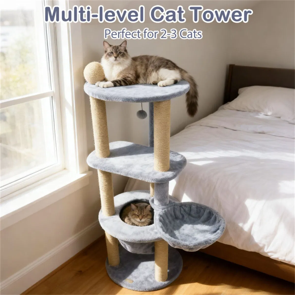47" Cat Tower with Scratching Posts - Multi-Level Cat Tree for Relax & Play, Light Grey — image 2