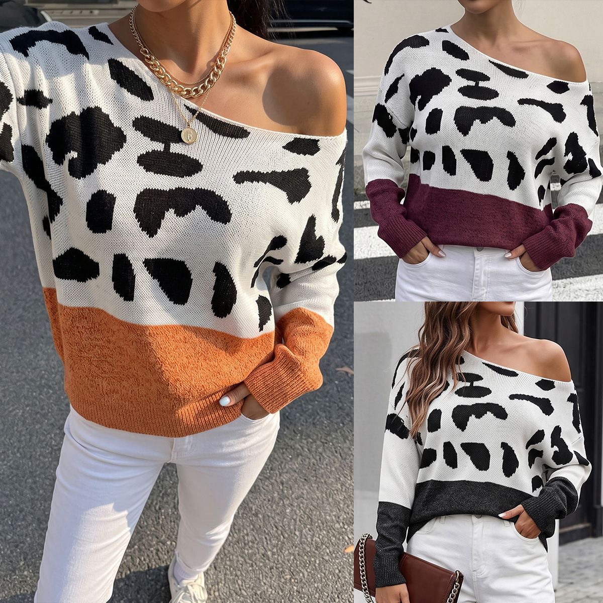 Lady's Pullover Knit Sweater Leopard Print Drop Shoulder Off-Shoulder Neckline — image 6