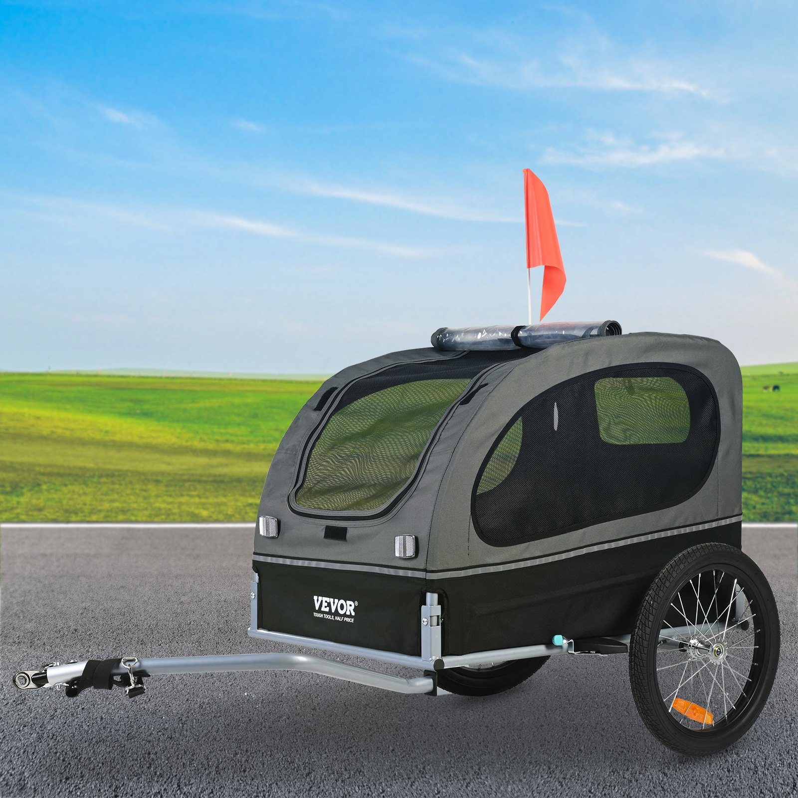 Dog Bike Trailer, Supports Up To 88 Lbs, Pet Cart Bicycle Carrier, Easy Folding Frame With Quick Release Wheels, Universal Bicycle Coupler, Reflectors, Flag, Collapsible To Store, BlackGray — image 1