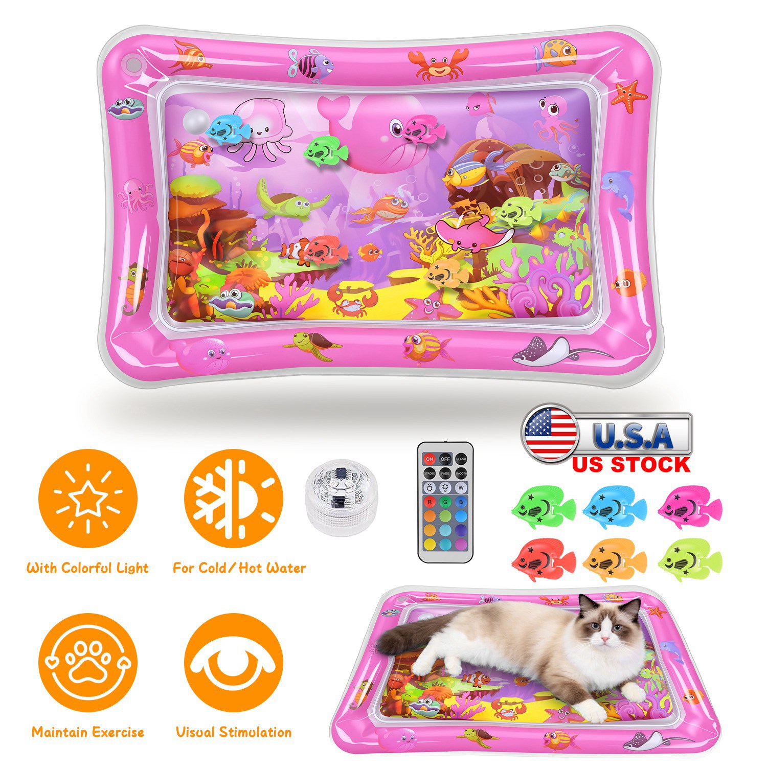 Manta de Agua Interactiva para Gatos con Pez Flotantes LED Cambiante de Color - Entretenimiento Sensorial para Felinos — imagen 1