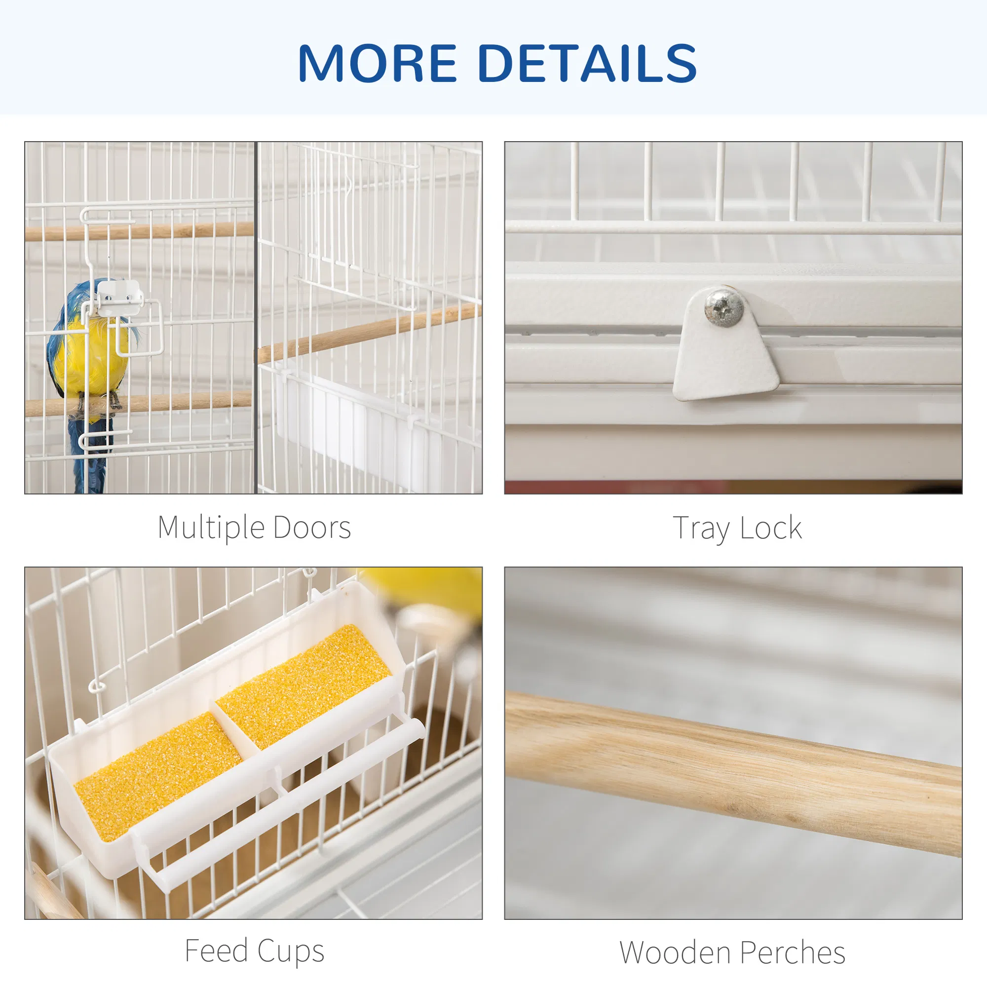 52" Large Rolling Steel Bird Cage Bird House with Rolling Stand, Storage Shelf, Wood Perch, Food Container, White — image 3