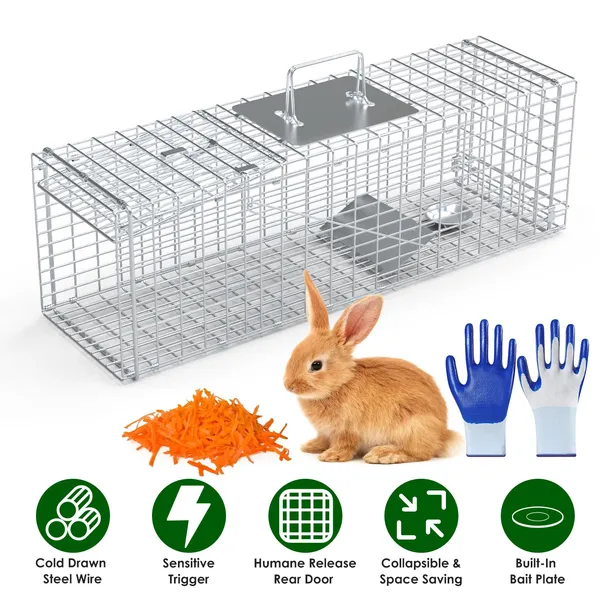 Live Animal Trap Cage 27x7.5x8in Folding Catch And Release Steel Humane Cat Trap For Racoons Stray Cats Rabbits Beavers Hedgehogs Chipmunk Small Animals — imagen 1