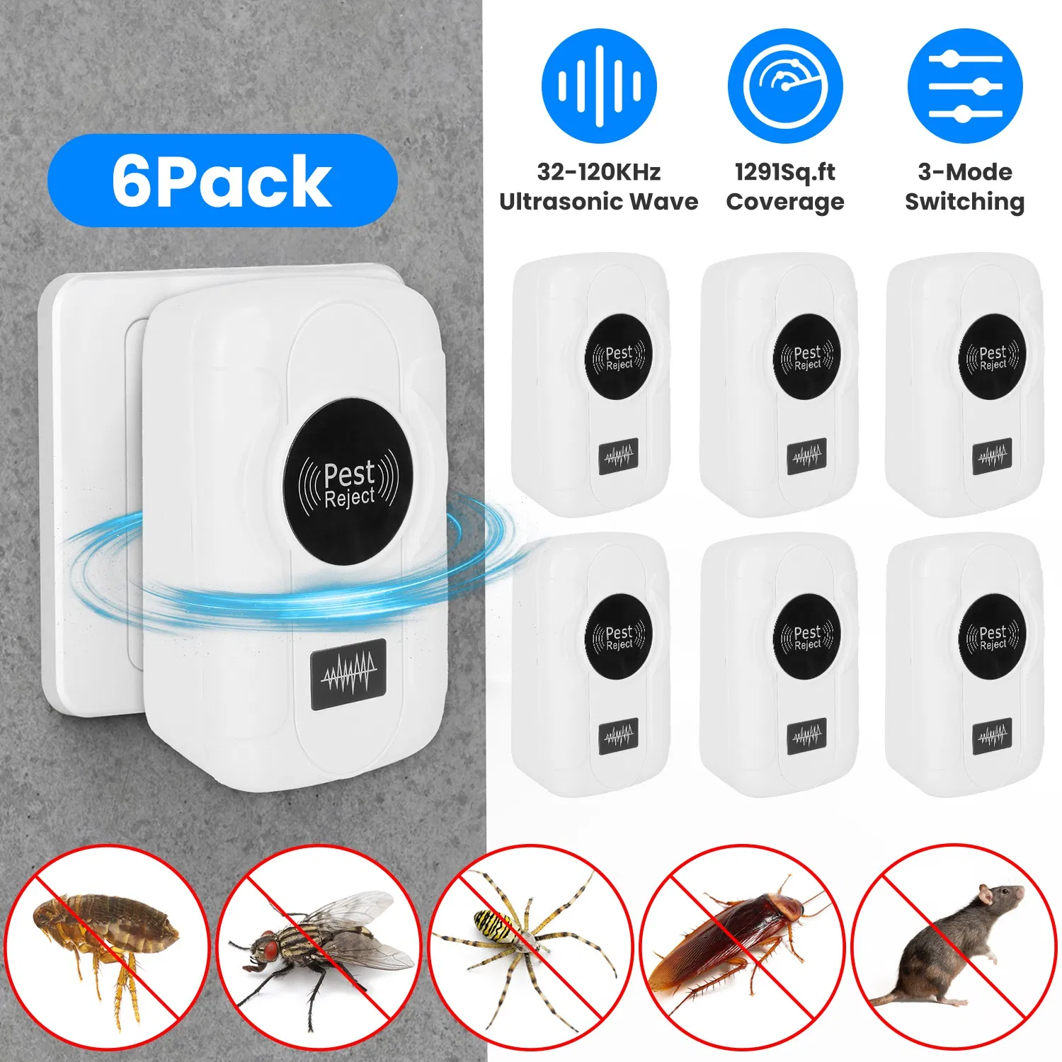 6 Piezas Repelente de Insectos Ultrasonido 32-120KHz con 3 Modos para Interior - Plugs de Pared para Control de Mosquitos, Roedores y Ratones en Habitación, Garaje, Almacén y Oficina — imagen 1