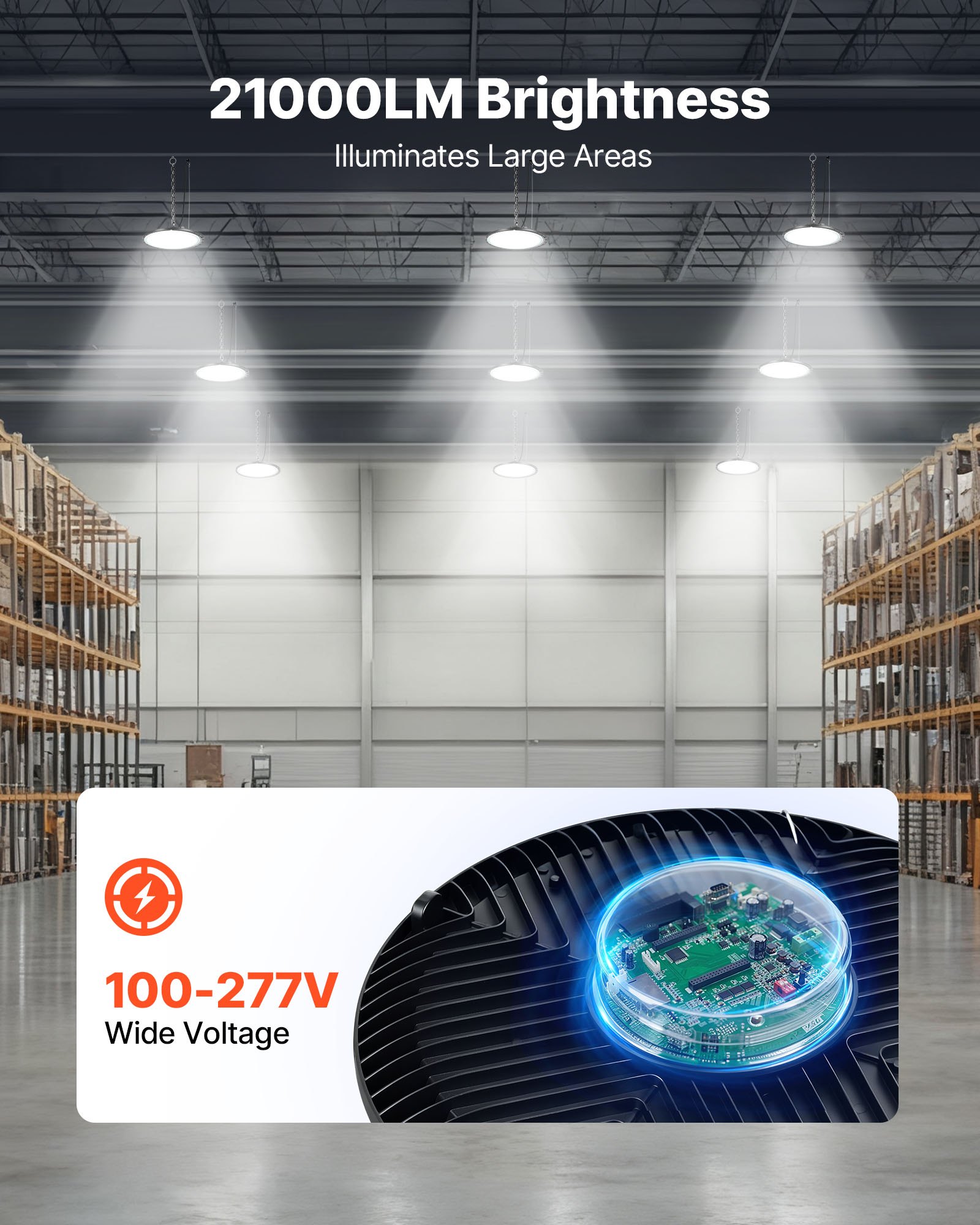 Paquete de 10 Luces LED tipo Campana para Techo Alto, 6000K 150W 21000LM, Super Brillantes, Luces LED Tipo OVNI para Bodega, IP65 Impermeables, Voltaje Amplio 100-277V, para Bodegas, Talleres, Fábricas, Gimnasios, Garajes y Graneros, Negro — imagen 3