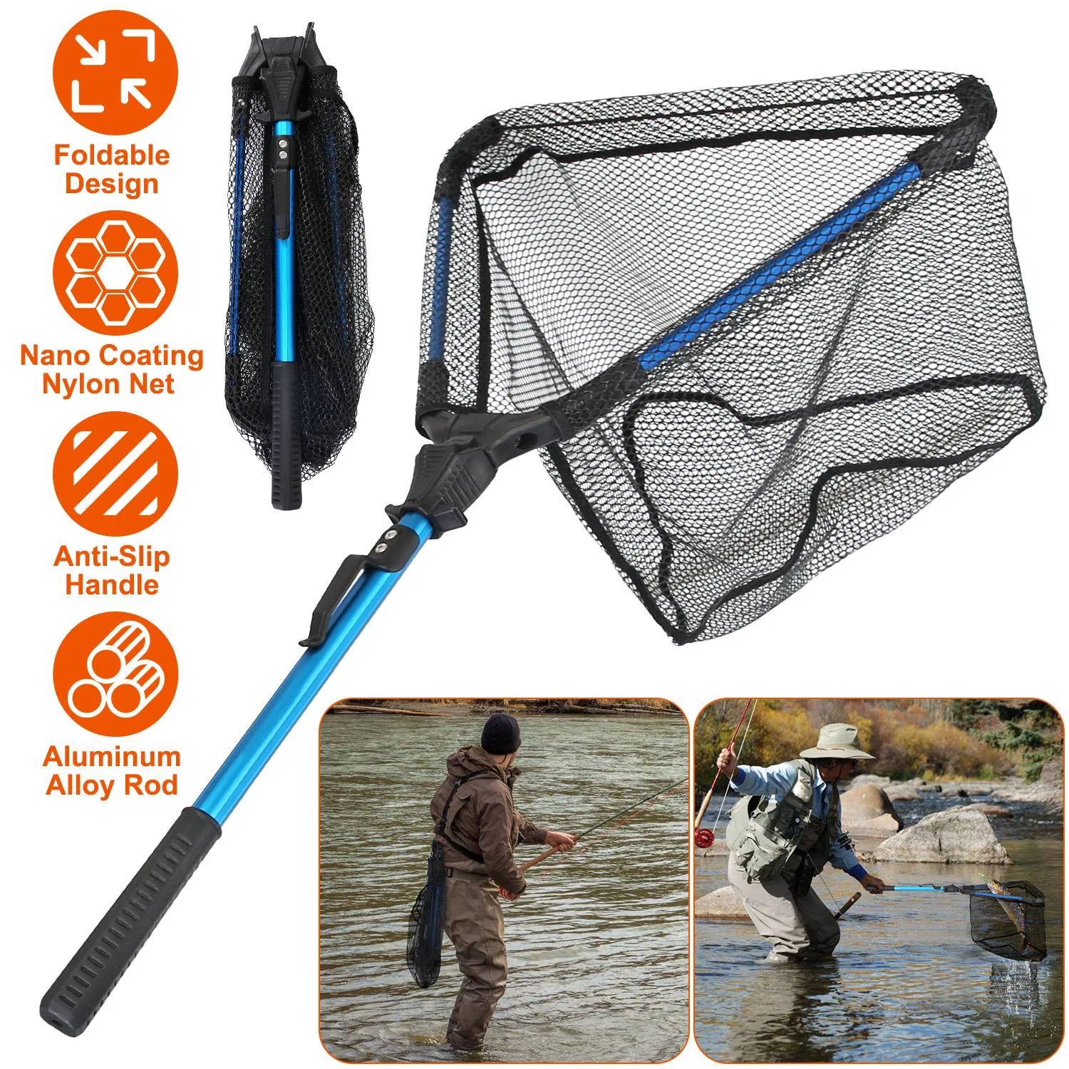 Foldable Fishing Net With Aluminum Alloy Rod EVA Handle Durable 5MM Hexagonal Nano Coating Nylon Mesh Collapsible Landing Net Safe Fish Catching or Releasing — imagen 9