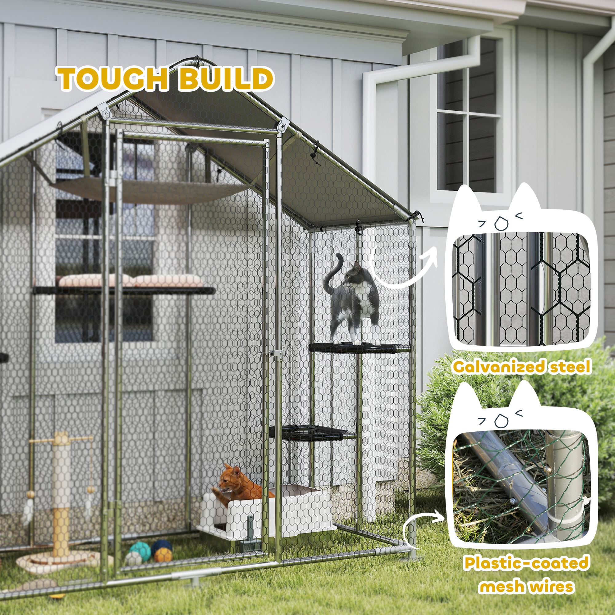 Catio al aire libre grande para gatos con cubierta impermeable, patio para caminar con 5 plataformas ajustables y hamaca — imagen 7