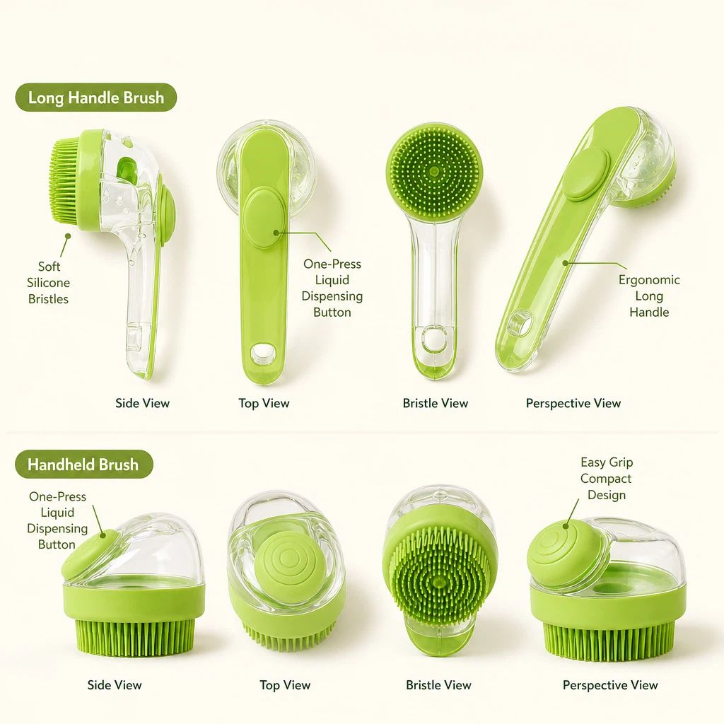 2 Pack Long & Short Handheld Dog Cat Shower Brush With Liquid Dispenser, Soft Silicone Grooming Brush For Pet Bathing & Massage — image 2