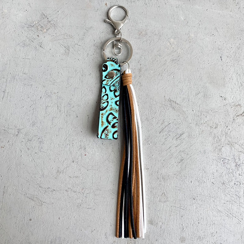 European and American Keyring Retro Embossed Brown Cow Leather Keychain Leather Tassel Personalized Handmade Pendant — image 6