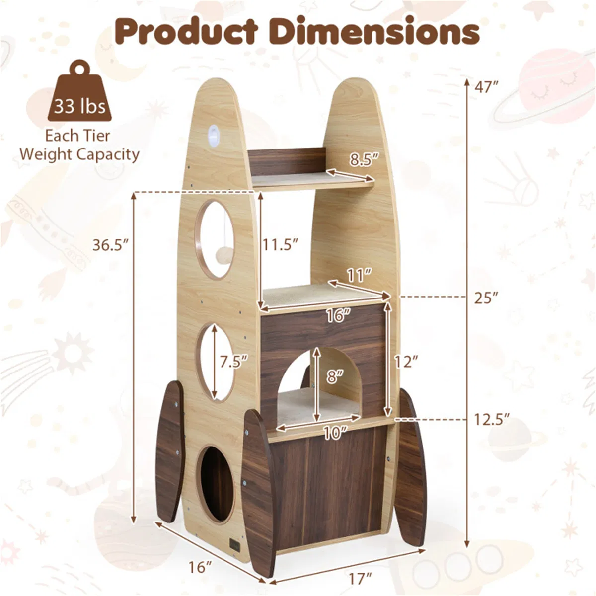 4-Tier Rocket Shape Cat Tree with 2-Tier Condo Sisal Scratch Pad Hanging Pompom Natural+White — image 5
