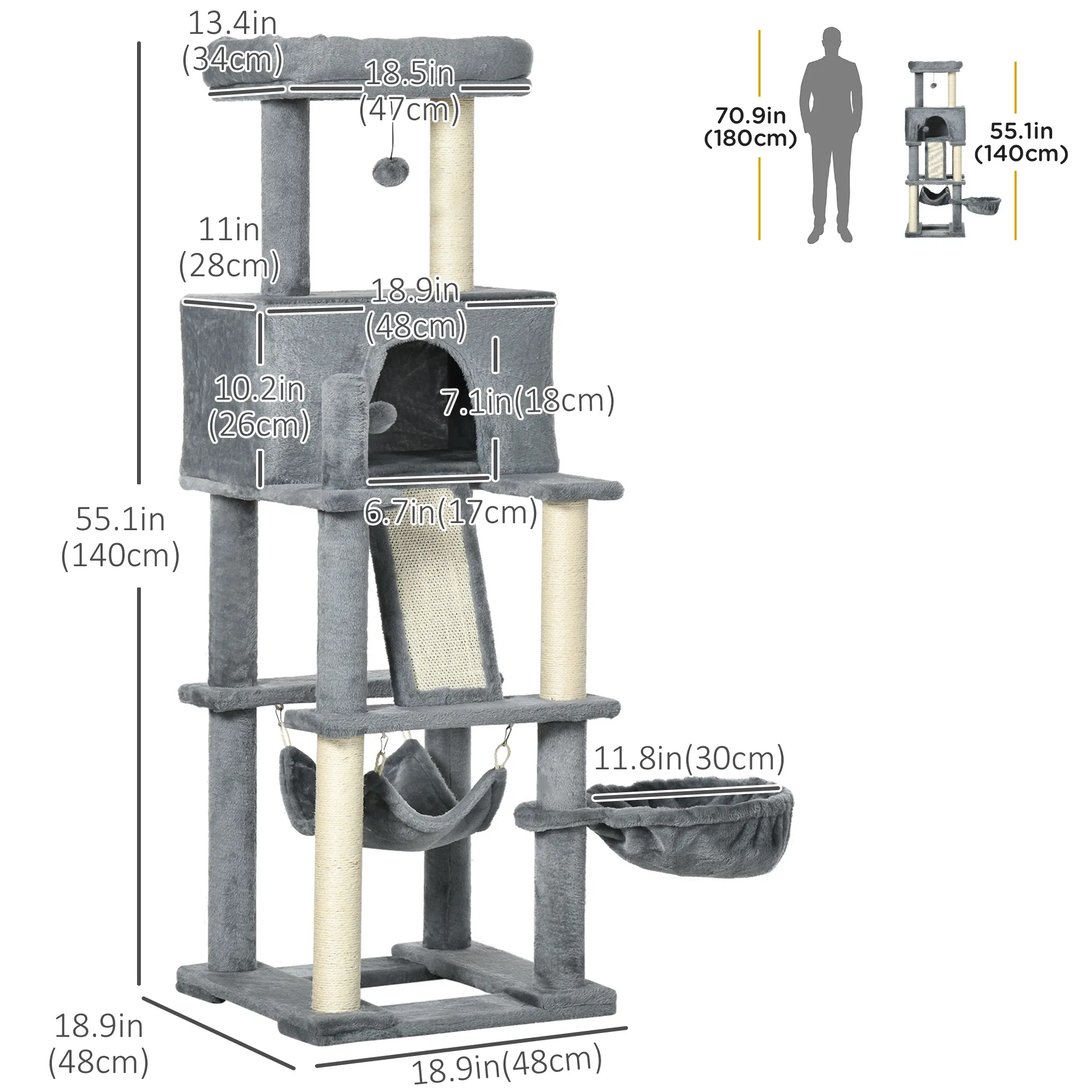 55" Cat Tree for Indoor Cats, Cat Tower, Kitty Activity Center with Cat Bed Ramp Condo Hammocks Hanging Ball Toys Sisal Rope Scratching Post, Grey — image 5