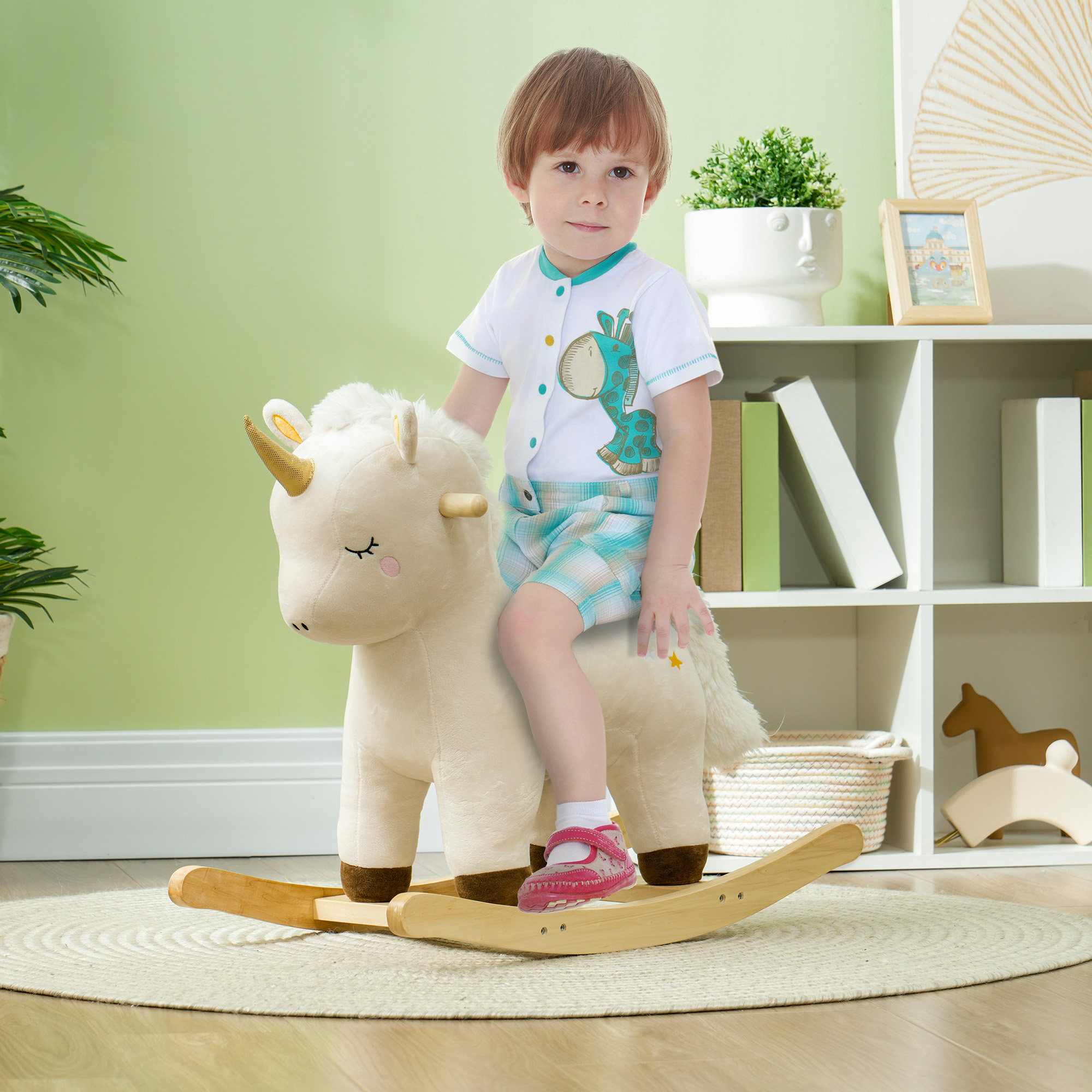 Caballo de Roca para Niños, Poni Unicornio con Sonidos Realistas & Base de Madera para Edad 2-4, Blanco — imagen 1