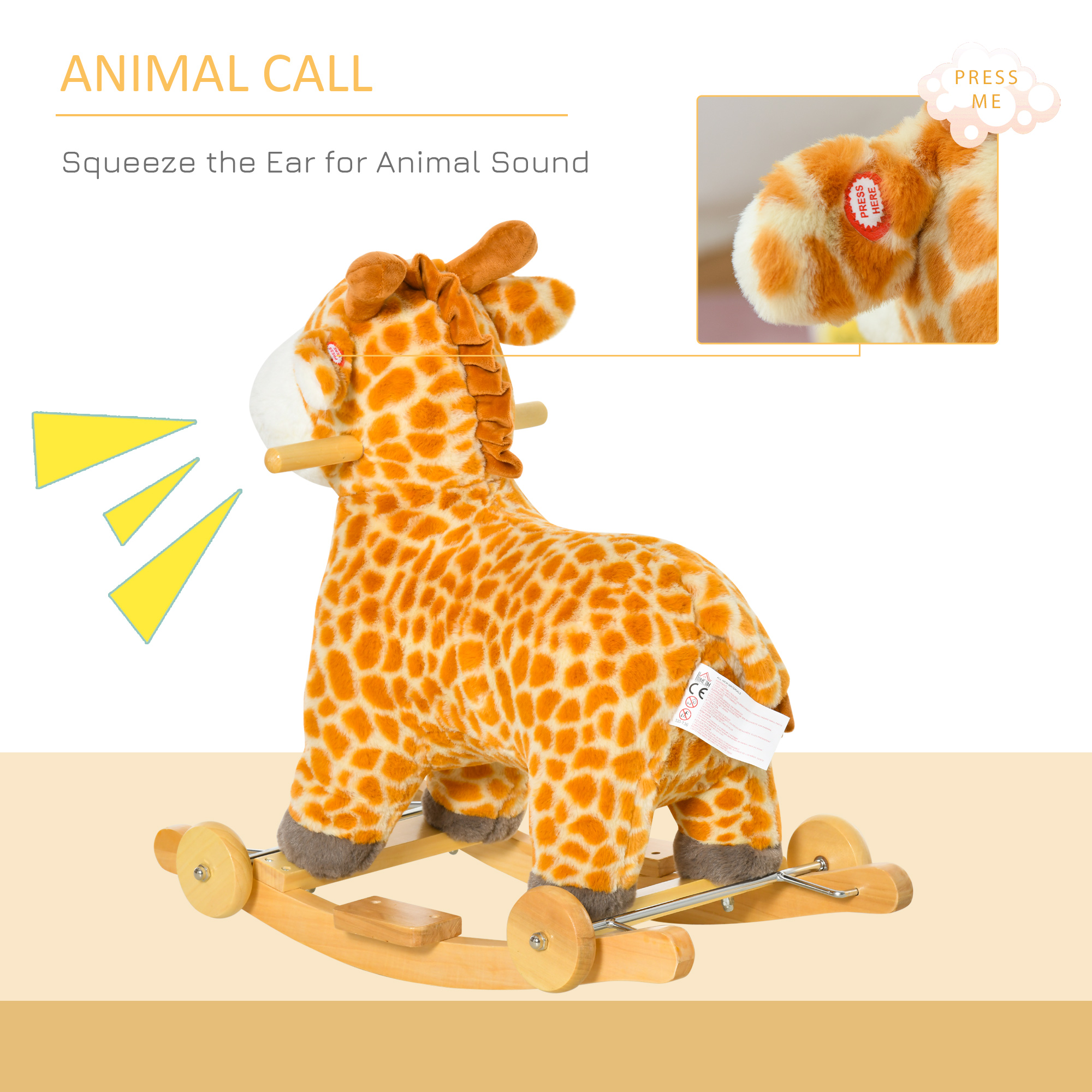 Caballo de Madera que Se Mueve, 2 en 1 para Niños: Caballo y Jirafa con Sonido, Manijas Seguras, Base de Madera, Piso de Pedal, Perfecto para Edad 3-6 Años, Amarillo — imagen 8