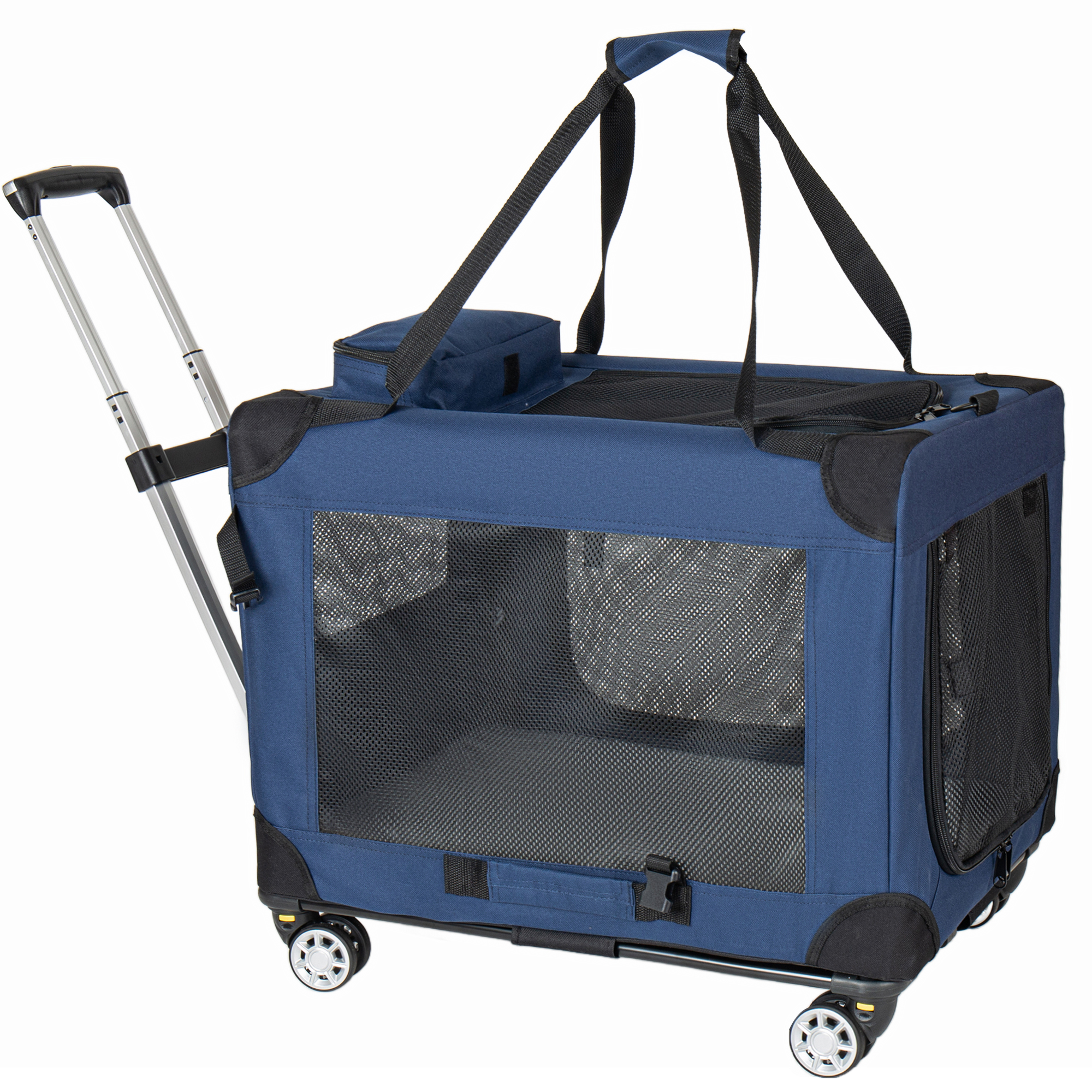 2 en 1, Jaula de Viaje Plegable de 28 Pulgadas para Perros Medianos y Grandes, Transportadora Rodante con Ruedas, Casa Portátil Plegable de 3 Puertas con Ventanas de Malla, Uso en Interior y Exterior, Azul Oscuro — imagen 1