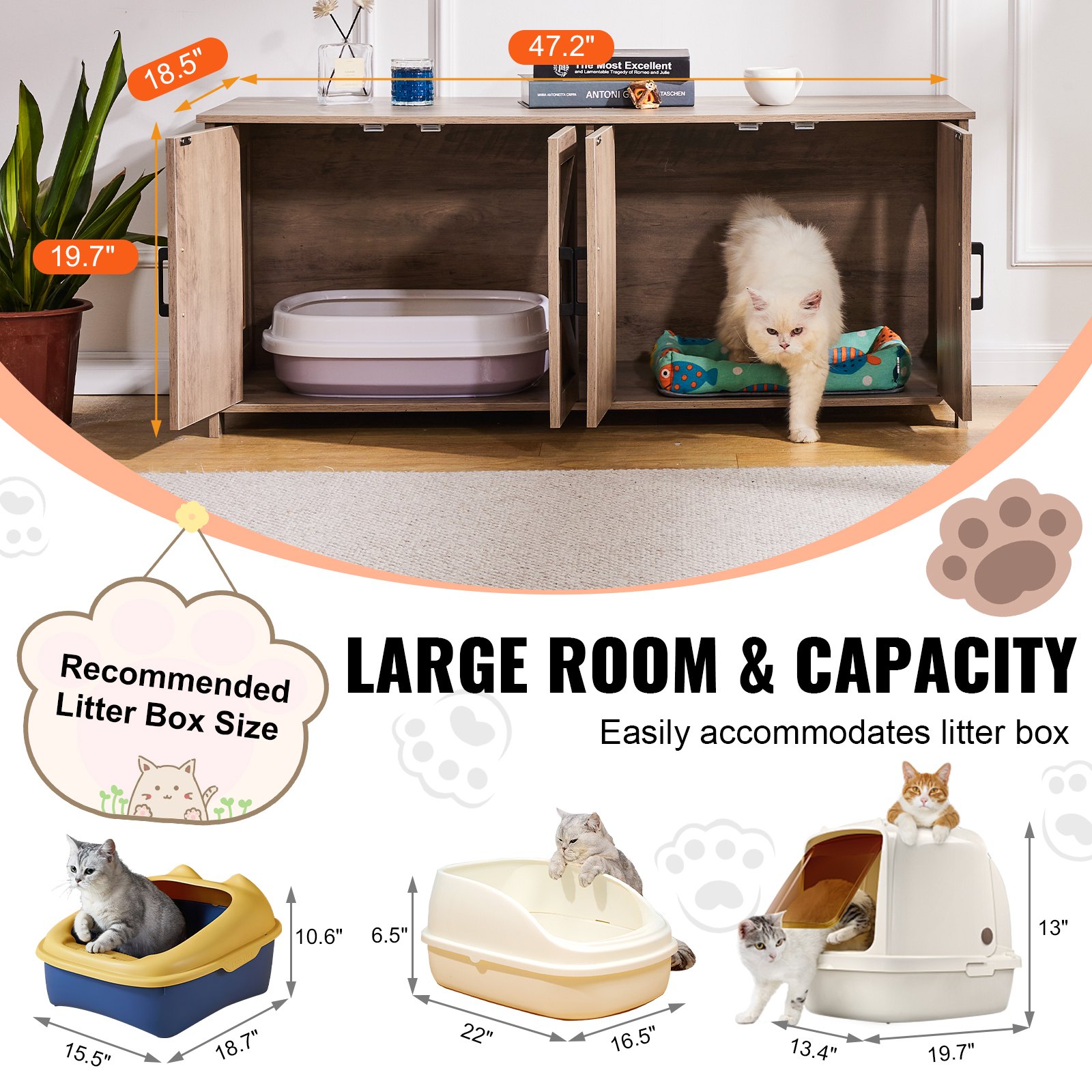 Caja de Limpieza para Gatos Encerrada para 2 Gatos, Diseño Estético Oculto con Dos Habitaciones, Armario de Madera para Cajas de Limpieza que Encaja en la Mayoría, 47.2"L x 18.5"A x 19.7"H, Greige — imagen 5