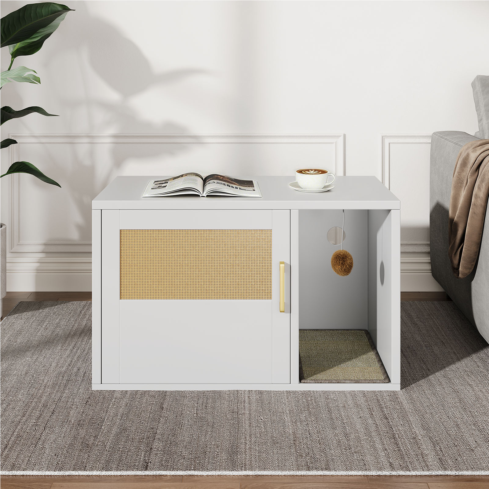 Caja de Limpieza para Gatos Multifuncional de Diseño Blanco Moderno Casa para Gatos con Lavabo y Mesa de Sílabo para Dormitorio y Salón — imagen 30