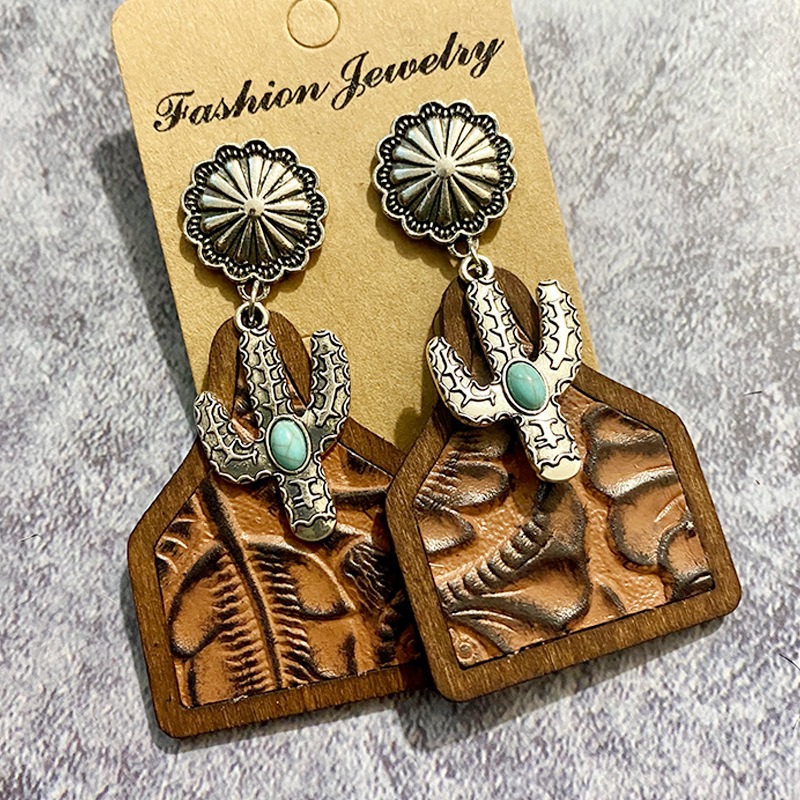 Vintage Western Earrings Bohemian Genuine Leather Cowhide Horse Hair Cow Brand Fashion Panel Earrings — image 2