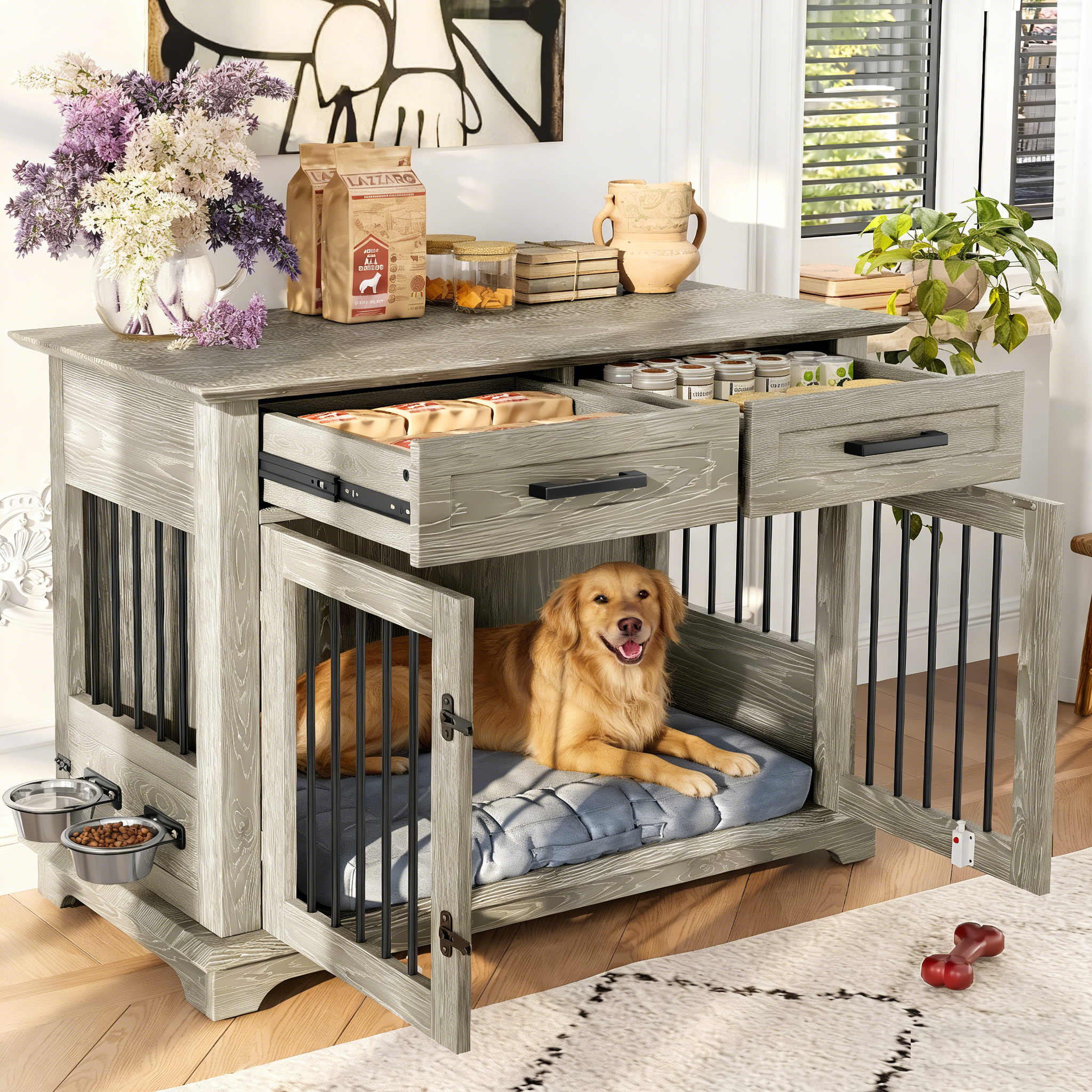 Jaula-Mueble Grande para Perro de 44.48", Caseta de Madera Interior para Perro, Mesa Auxiliar con 2 Gavetas de Almacenamiento y Tazones Giratorios, Jaula Decorativa para Perros Medianos, Gris — imagen 5