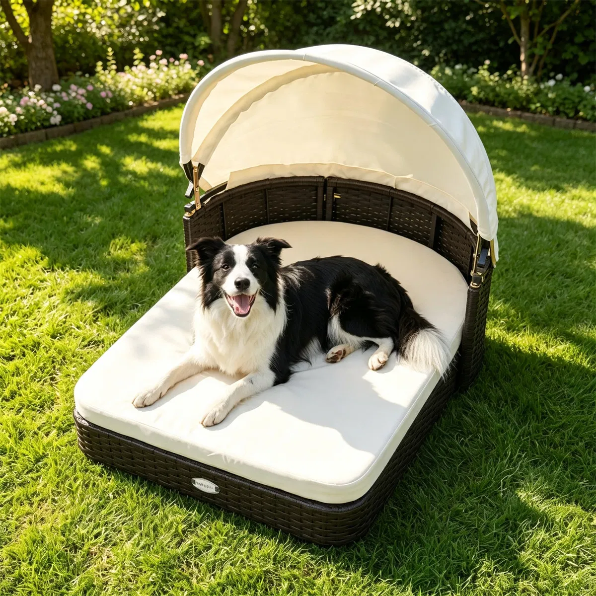 Hand-Woven PE Rattan Dog Bed with Adjustable Canopy, Elevated Outdoor Pet Daybed with Washable Plush Cushion, Anti-Slip Breathable Pet Shelter for Indoor Patio Garden-White — image 10